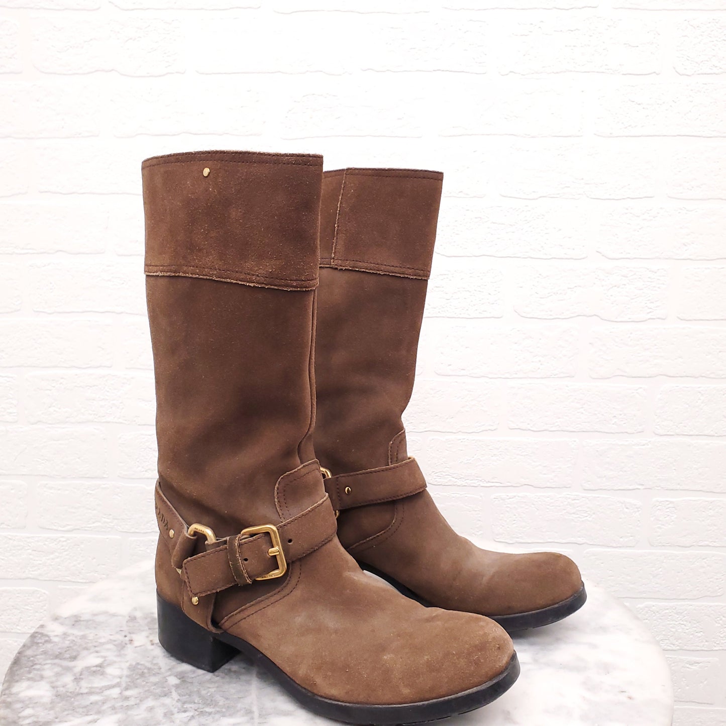 PRADA SUEDE MOTO BOOT WITH LOGO - SIZE 38.5