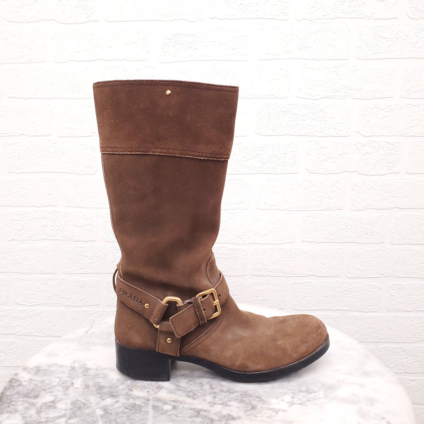 PRADA SUEDE MOTO BOOT WITH LOGO - SIZE 38.5