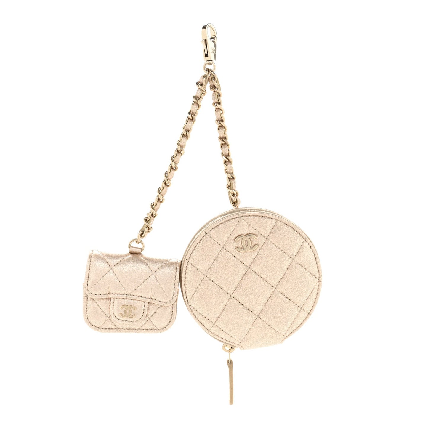 Chanel Metallic Lambskin Quilted Round Clip On Coin Purse Airpods Case Gold
