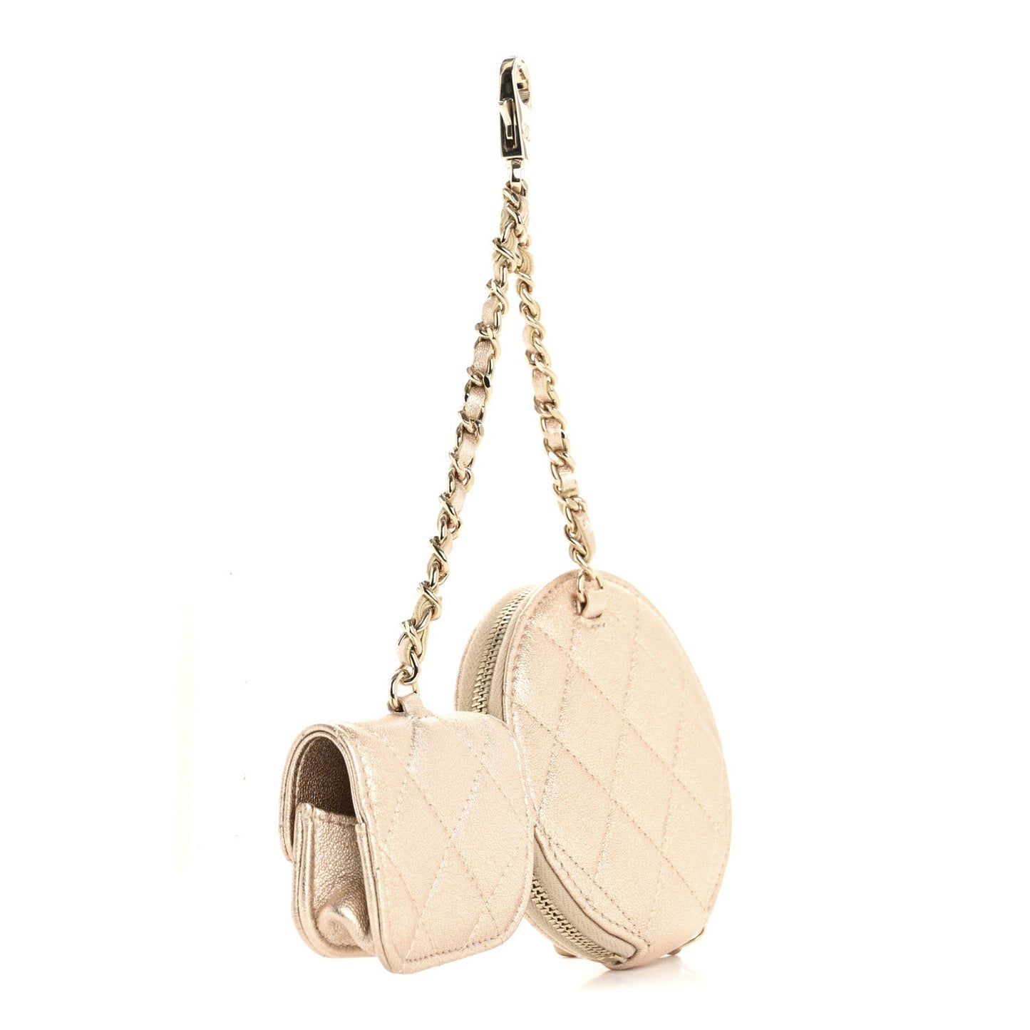 Chanel Metallic Lambskin Quilted Round Clip On Coin Purse Airpods Case Gold