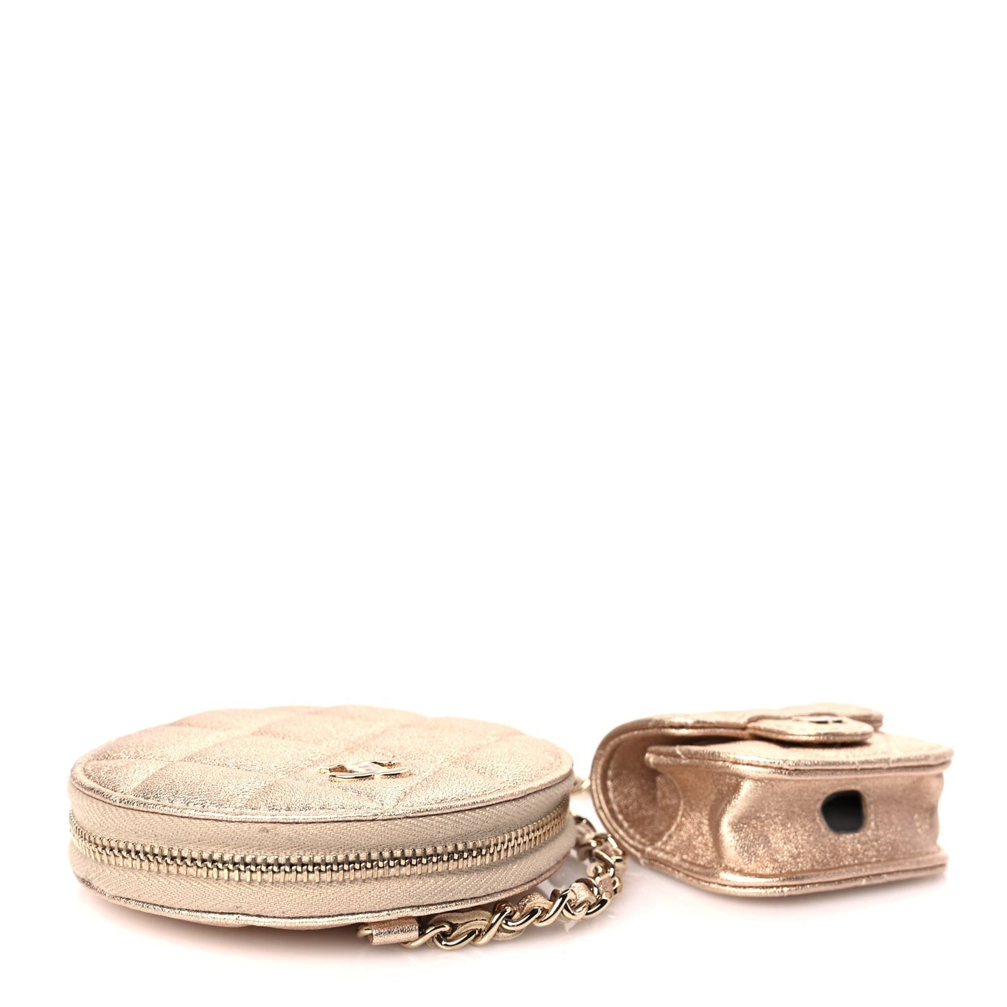 Chanel Metallic Lambskin Quilted Round Clip On Coin Purse Airpods Case Gold