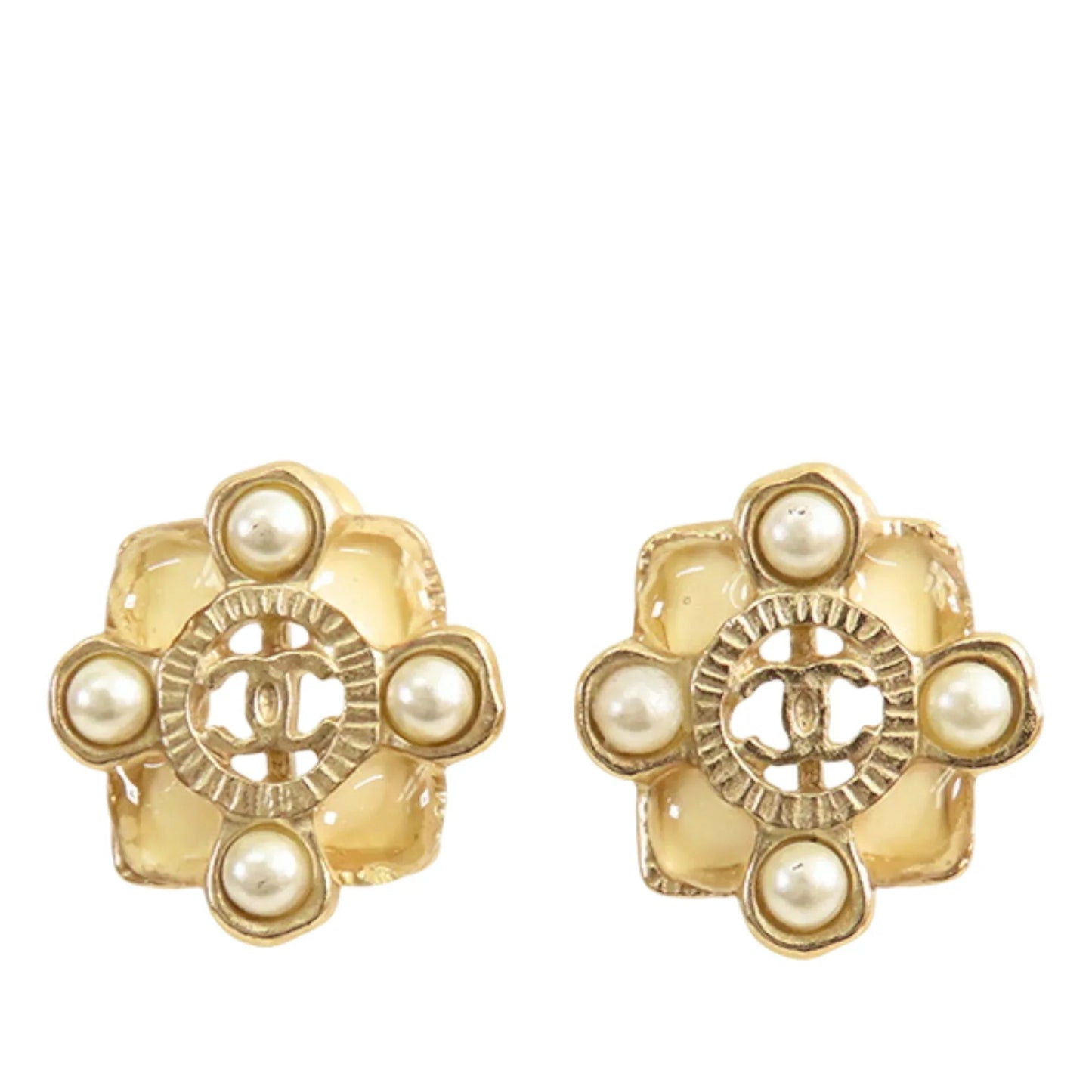 Gold Chanel CC Gold Plated Resin and Faux Pearl Push Back Earrings
