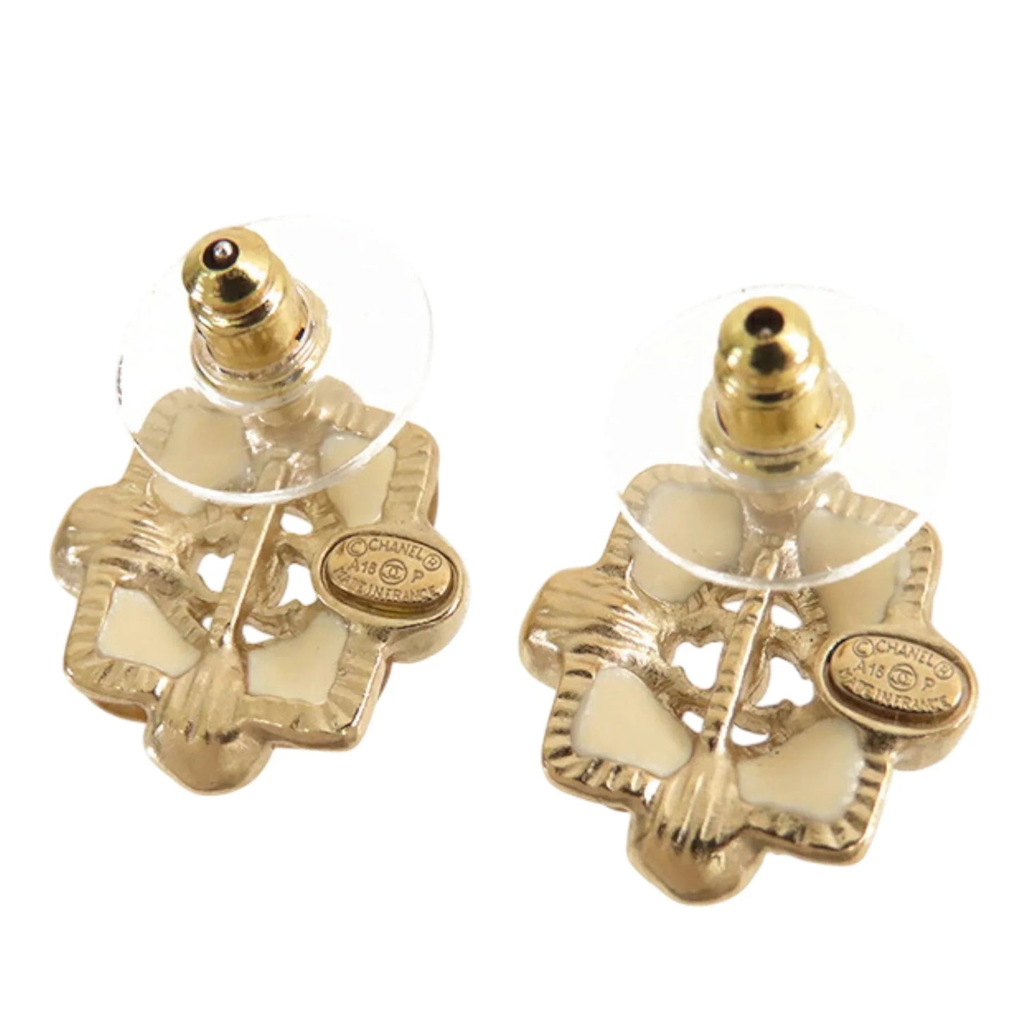 Gold Chanel CC Gold Plated Resin and Faux Pearl Push Back Earrings