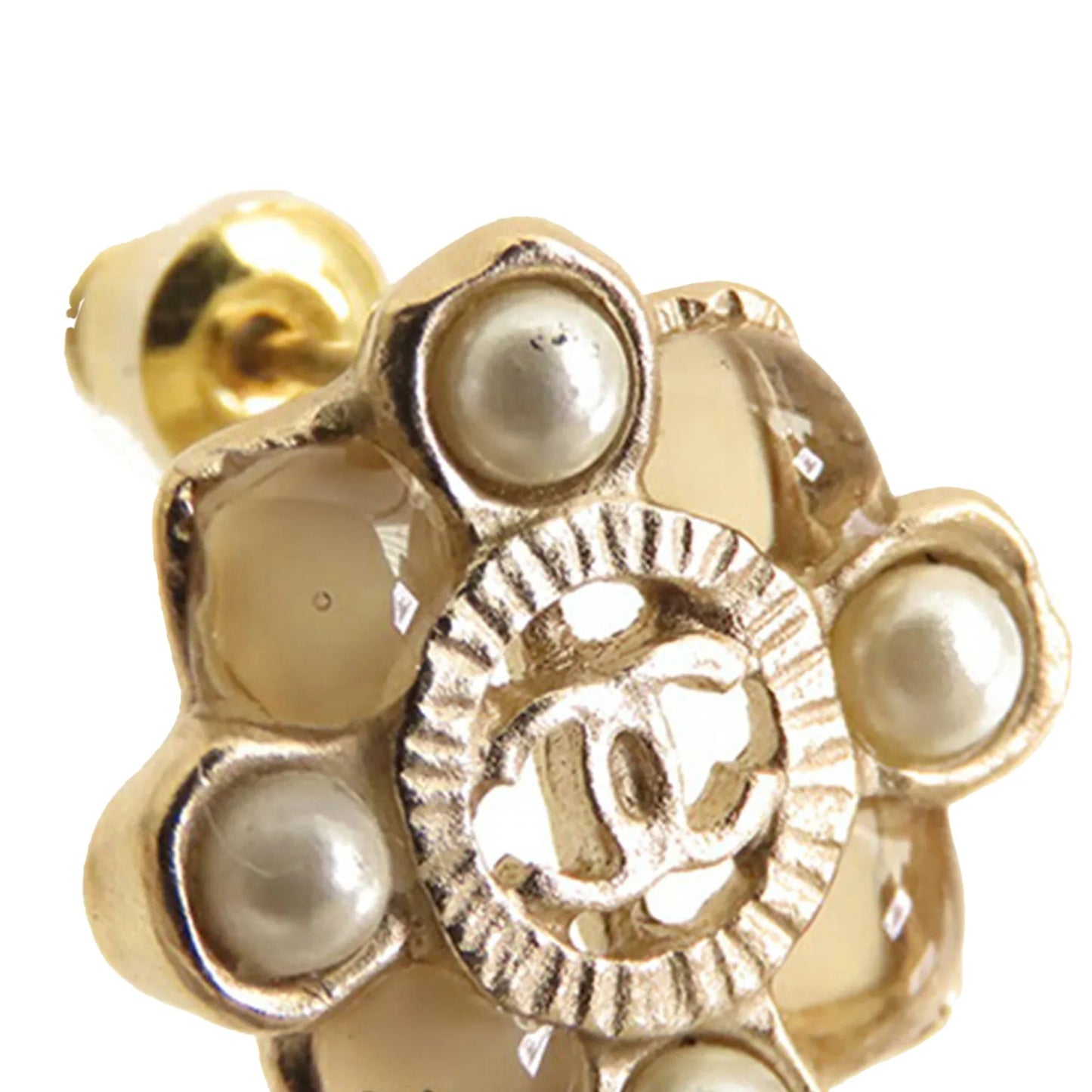 Gold Chanel CC Gold Plated Resin and Faux Pearl Push Back Earrings