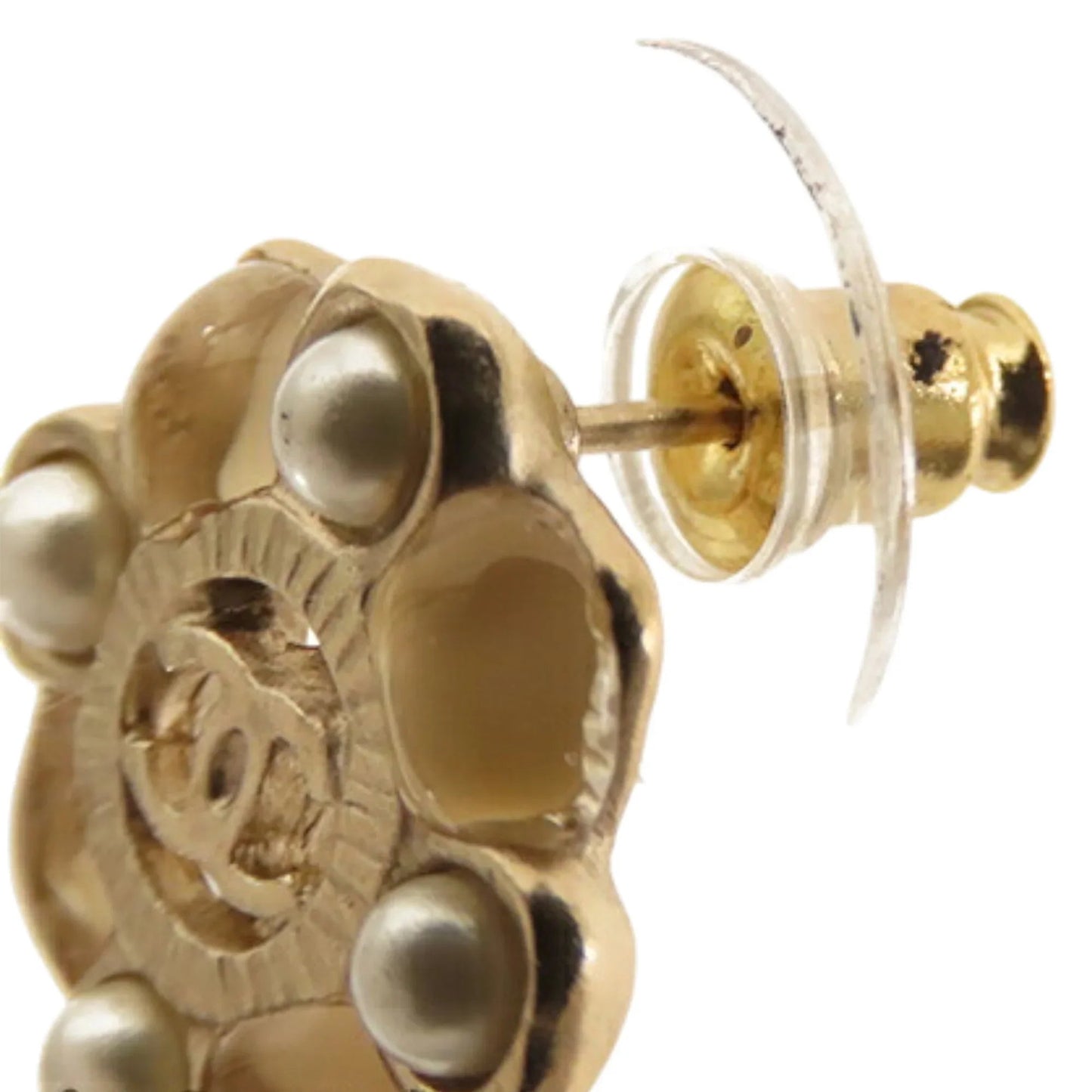Gold Chanel CC Gold Plated Resin and Faux Pearl Push Back Earrings
