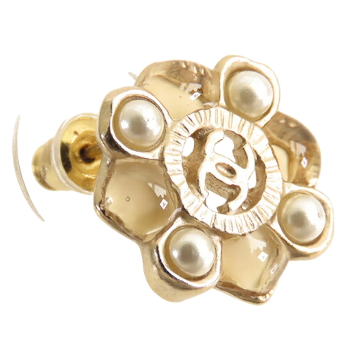 Gold Chanel CC Gold Plated Resin and Faux Pearl Push Back Earrings