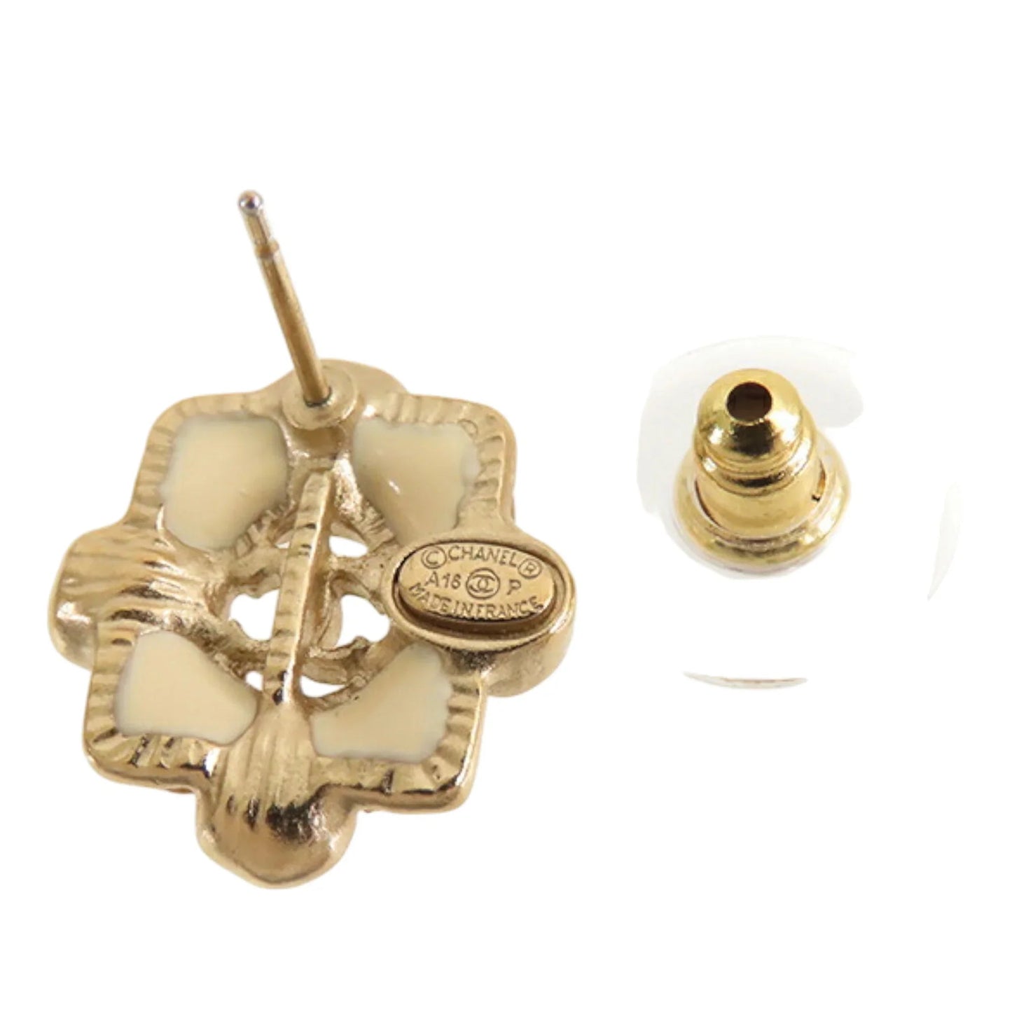 Gold Chanel CC Gold Plated Resin and Faux Pearl Push Back Earrings