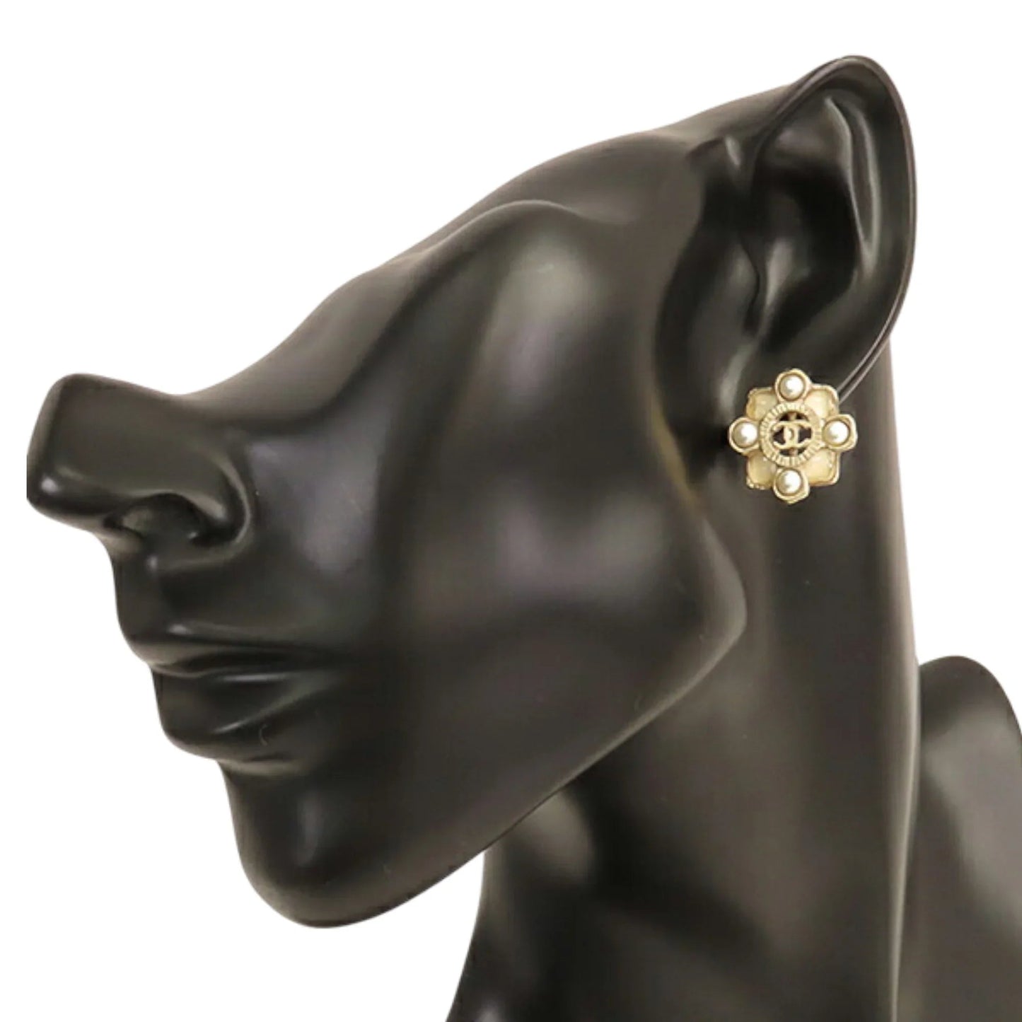 Gold Chanel CC Gold Plated Resin and Faux Pearl Push Back Earrings