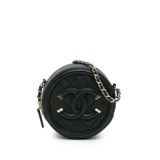 Black Chanel Caviar CC Filigree Round Clutch with Chain Crossbody Bag