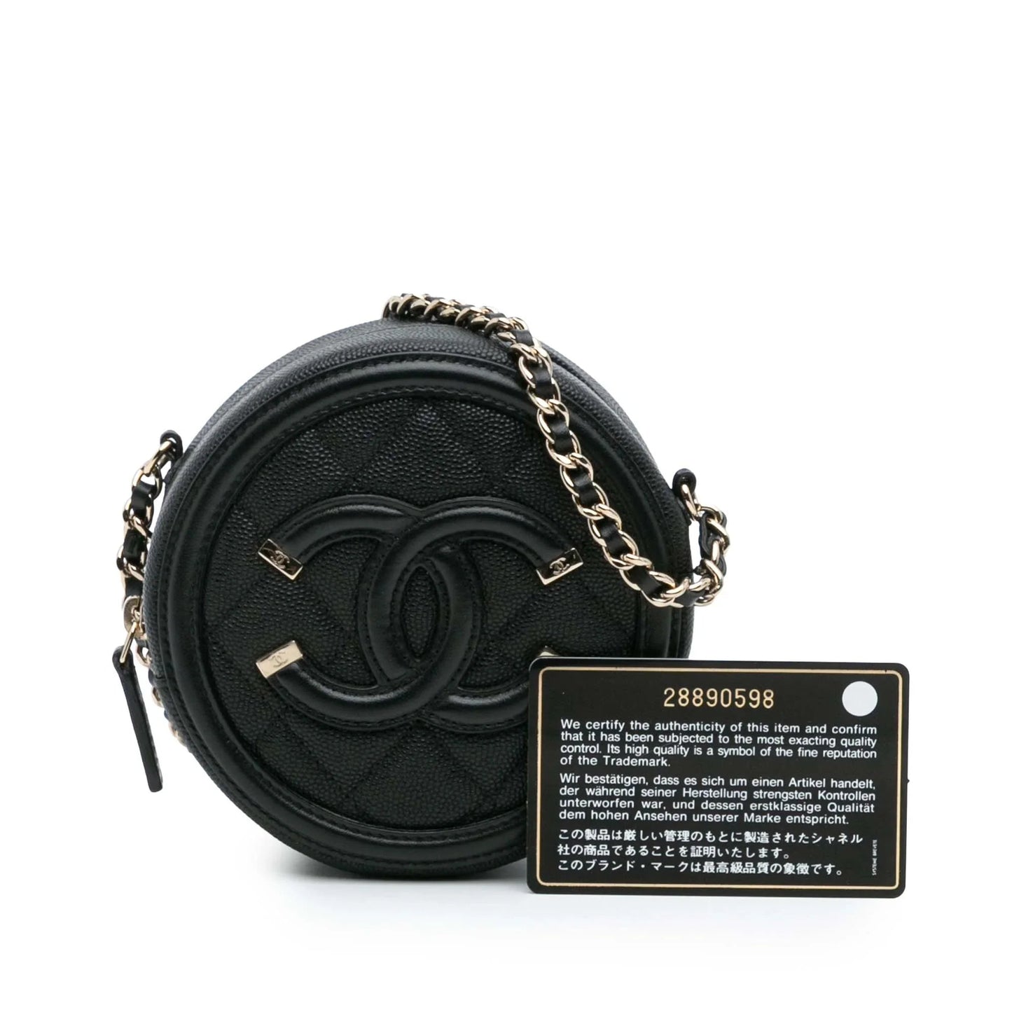 Black Chanel Caviar CC Filigree Round Clutch with Chain Crossbody Bag