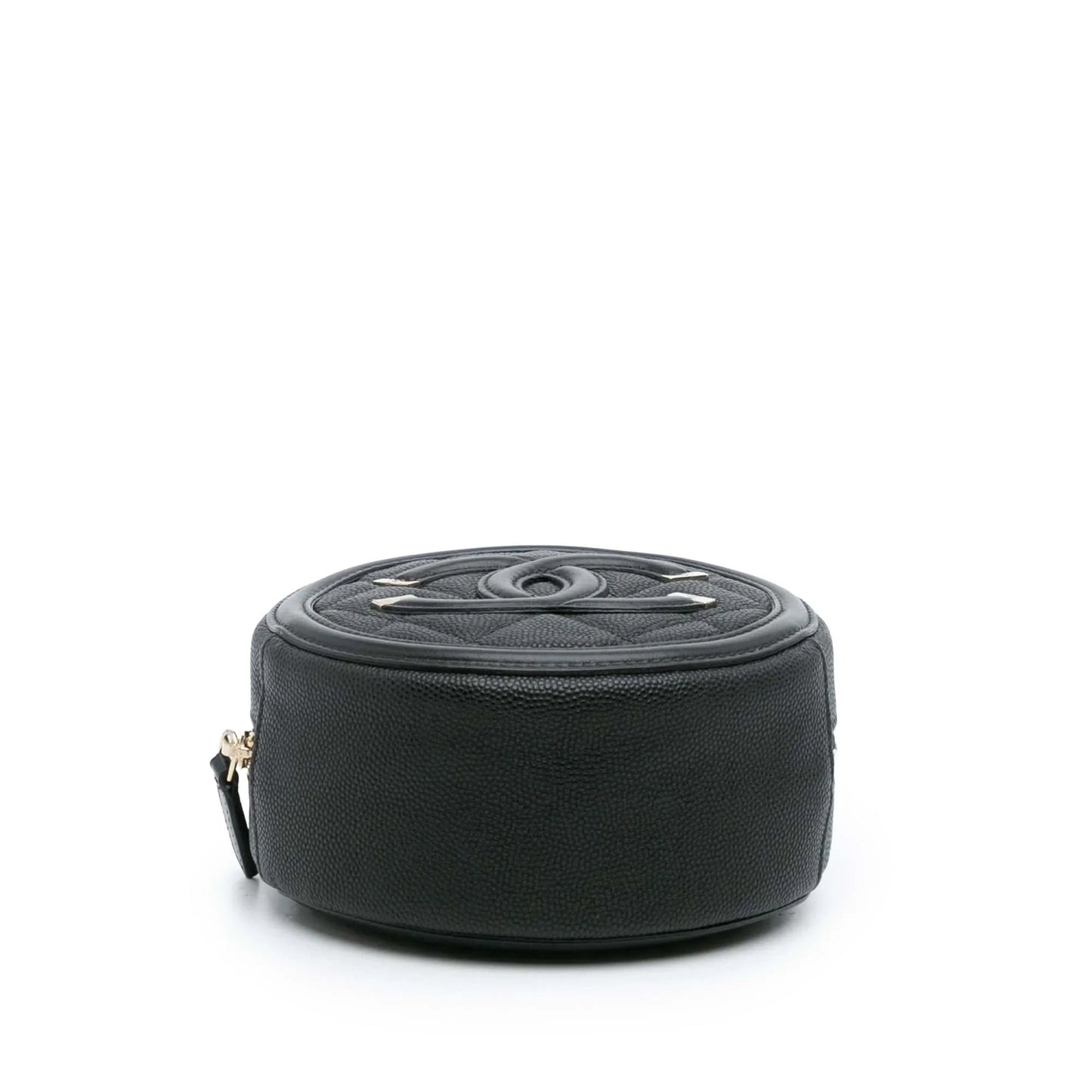 Black Chanel Caviar CC Filigree Round Clutch with Chain Crossbody Bag