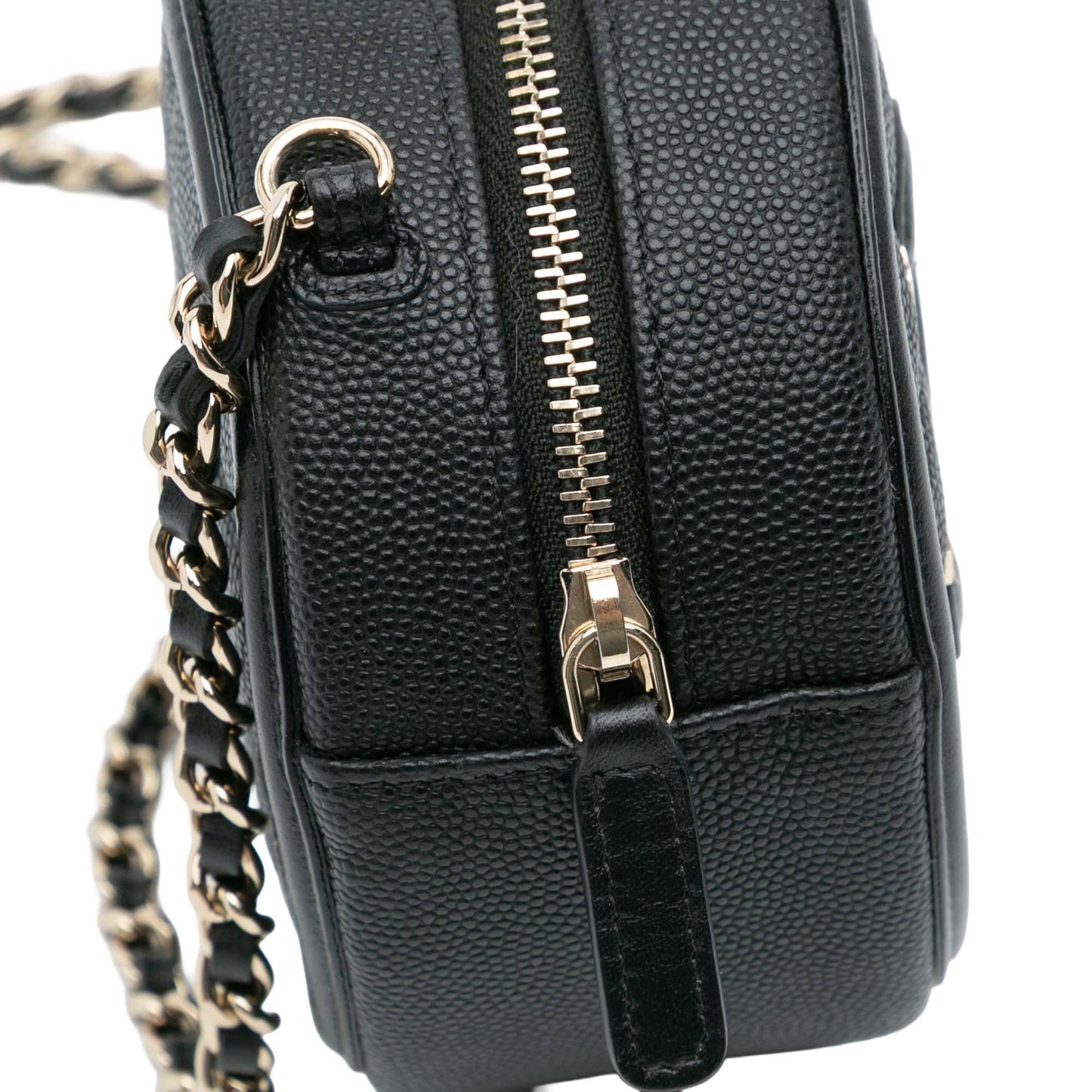 Black Chanel Caviar CC Filigree Round Clutch with Chain Crossbody Bag