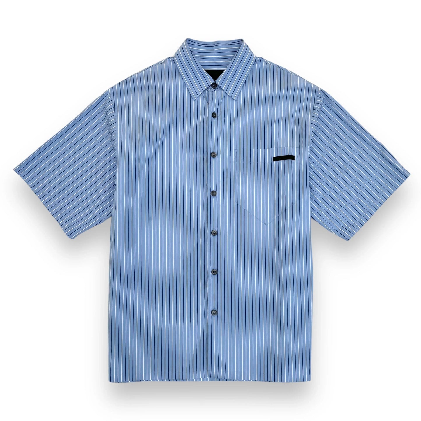 PRADA STRIPED LOGO PATCH COTTON SHORT SLEEVE SHIRT BLUE M
