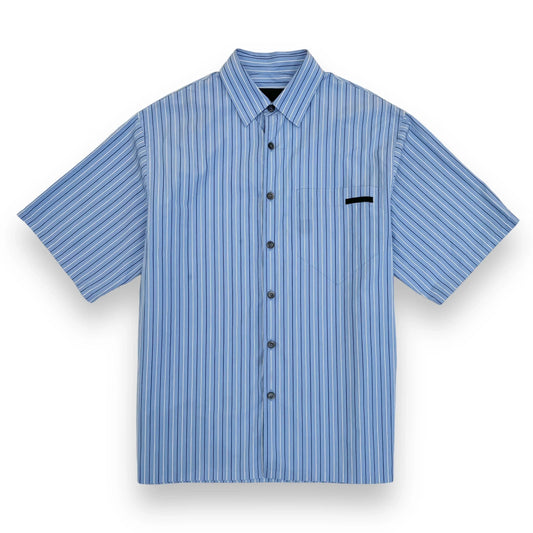 PRADA STRIPED LOGO PATCH COTTON SHORT SLEEVE SHIRT BLUE M