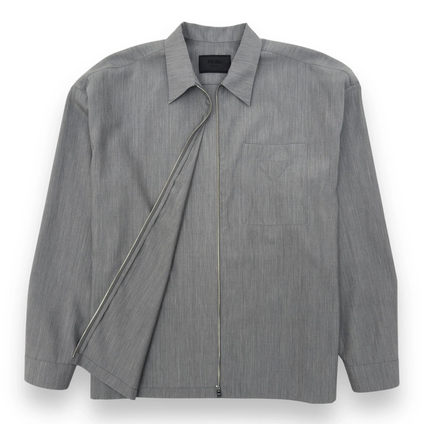 PRADA TRIANGLE-LOGO ZIP-UP SHIRT GREY XL