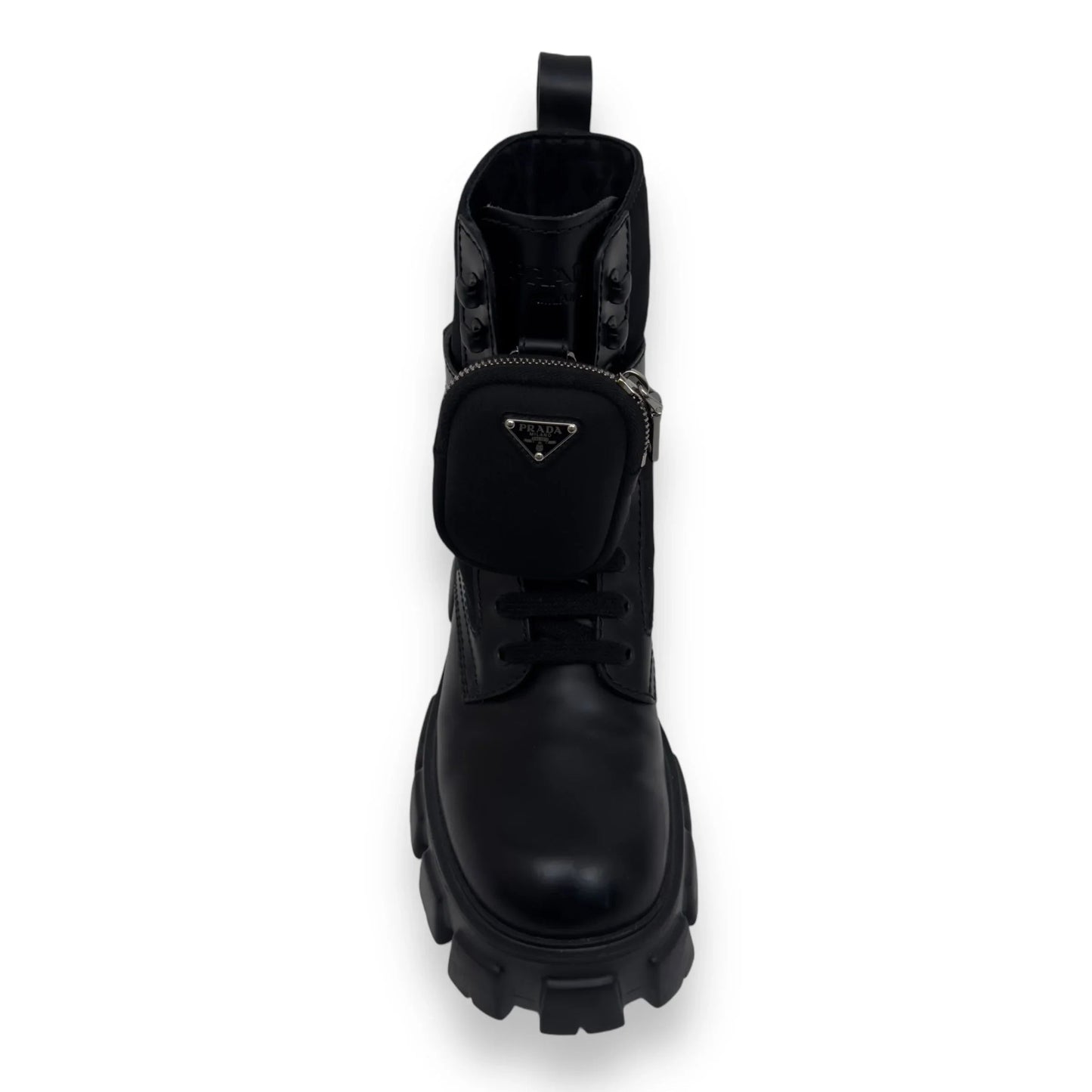 PRADA MONOLITH BRUSHED LEATHER AND RE-NYLON  LACE-UP BLACK BOOTS UK6