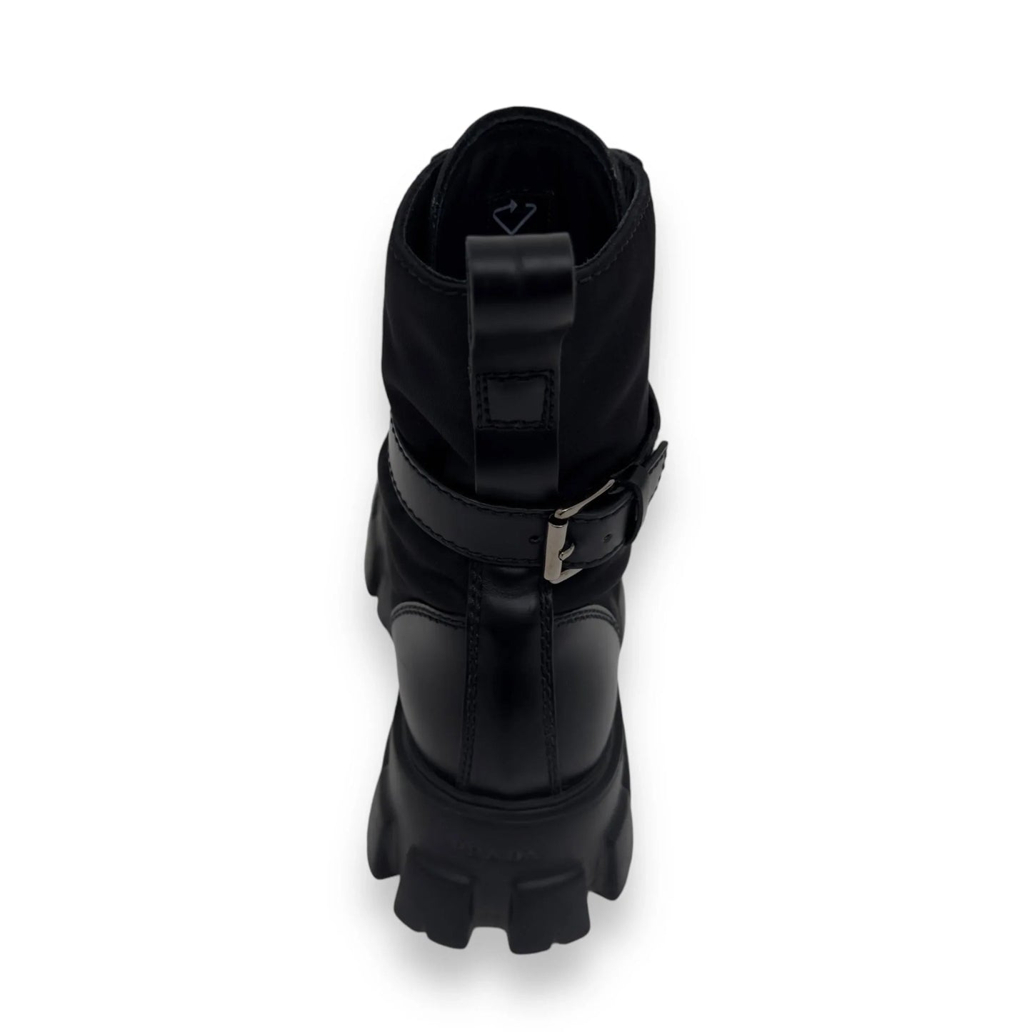 PRADA MONOLITH BRUSHED LEATHER AND RE-NYLON  LACE-UP BLACK BOOTS UK6