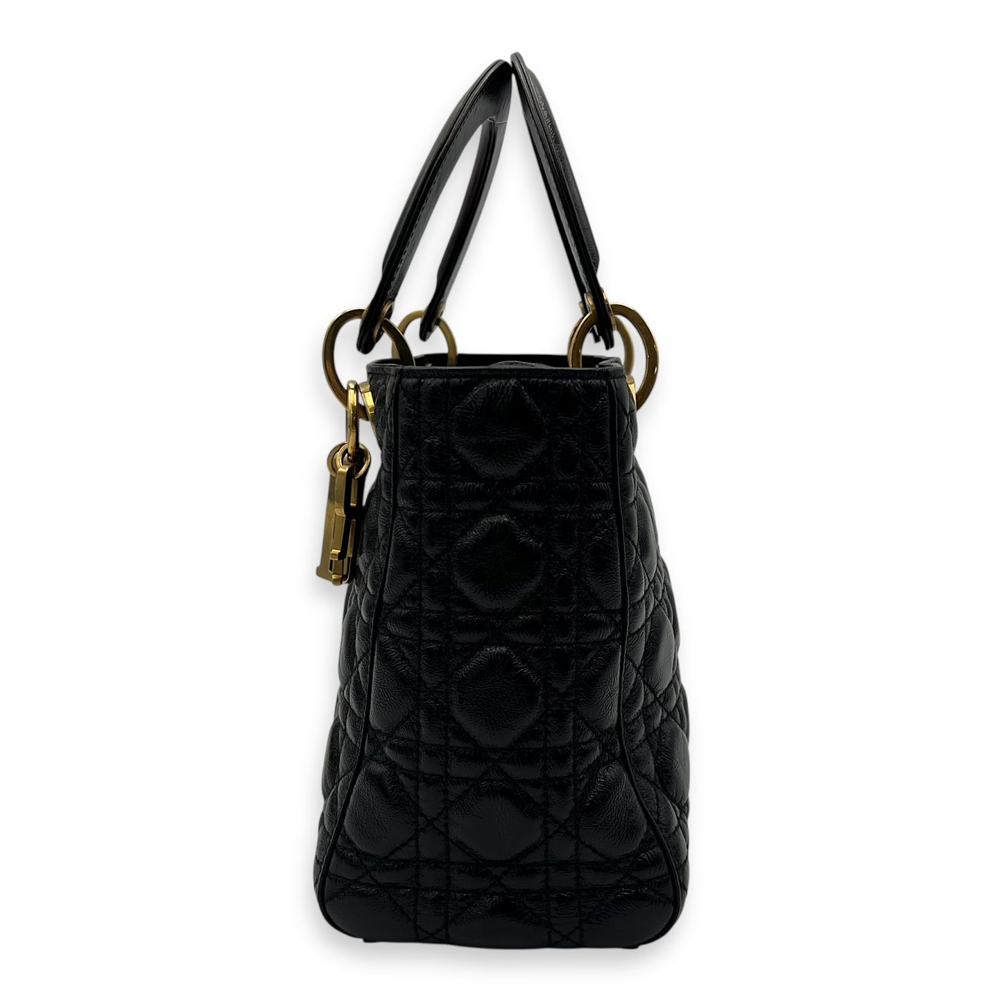 Lady Dior Medium Black Top Handle Bag in Crinkled Patent Leather, Gold hardware