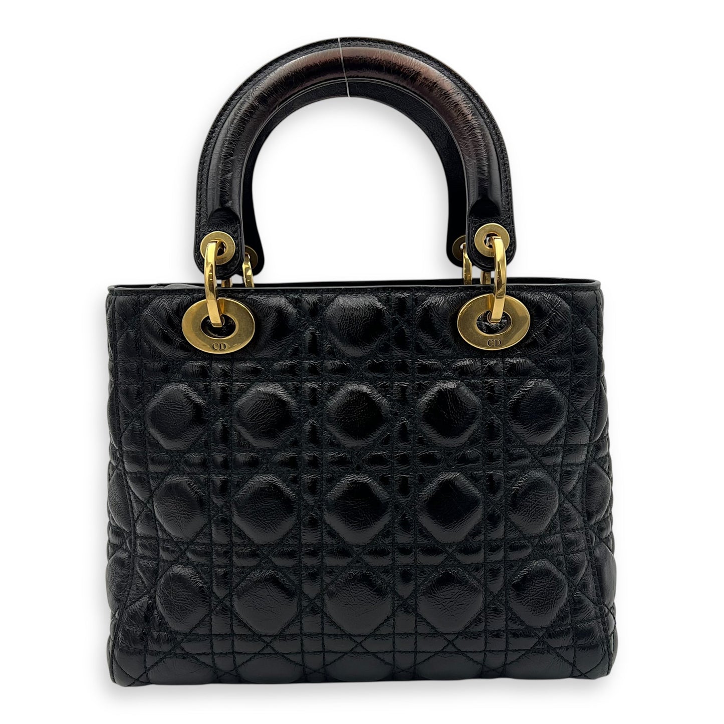 Lady Dior Medium Black Top Handle Bag in Crinkled Patent Leather, Gold hardware