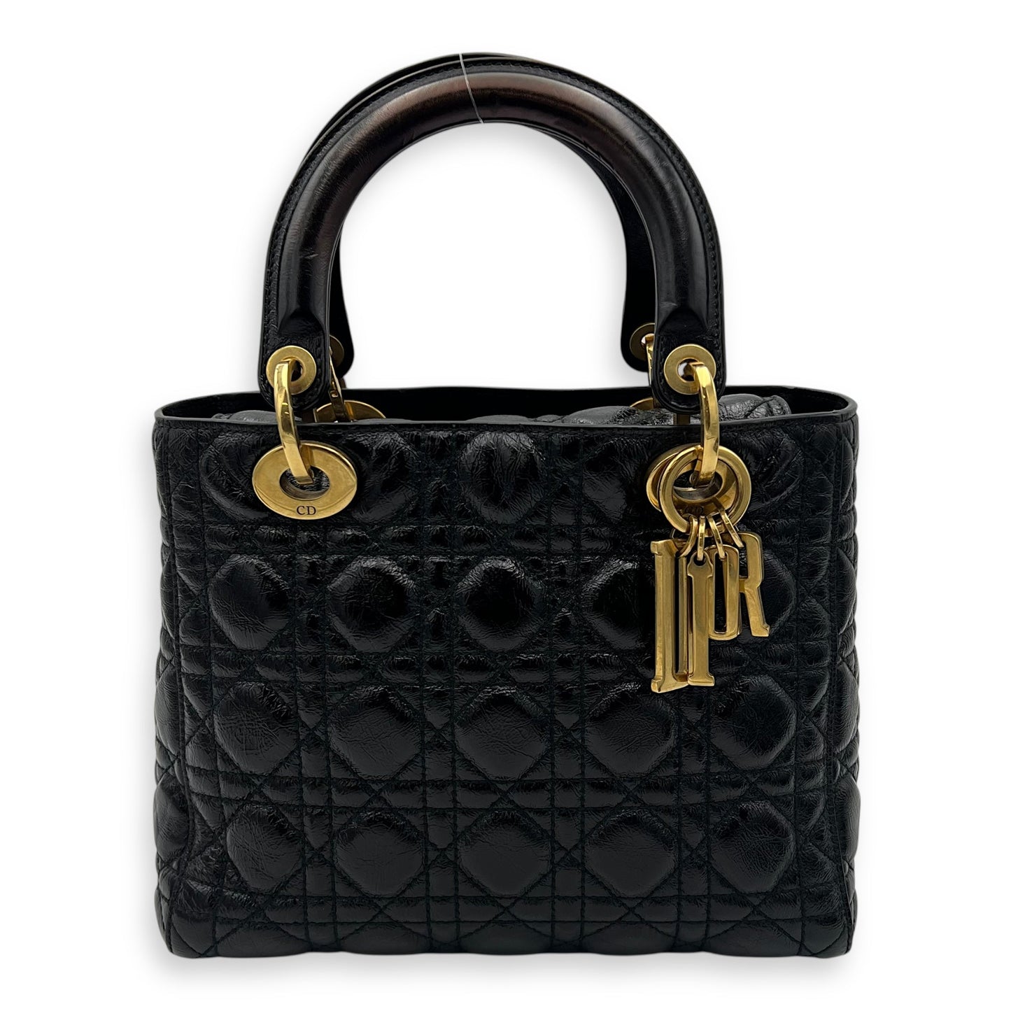 Lady Dior Medium Black Top Handle Bag in Crinkled Patent Leather, Gold hardware