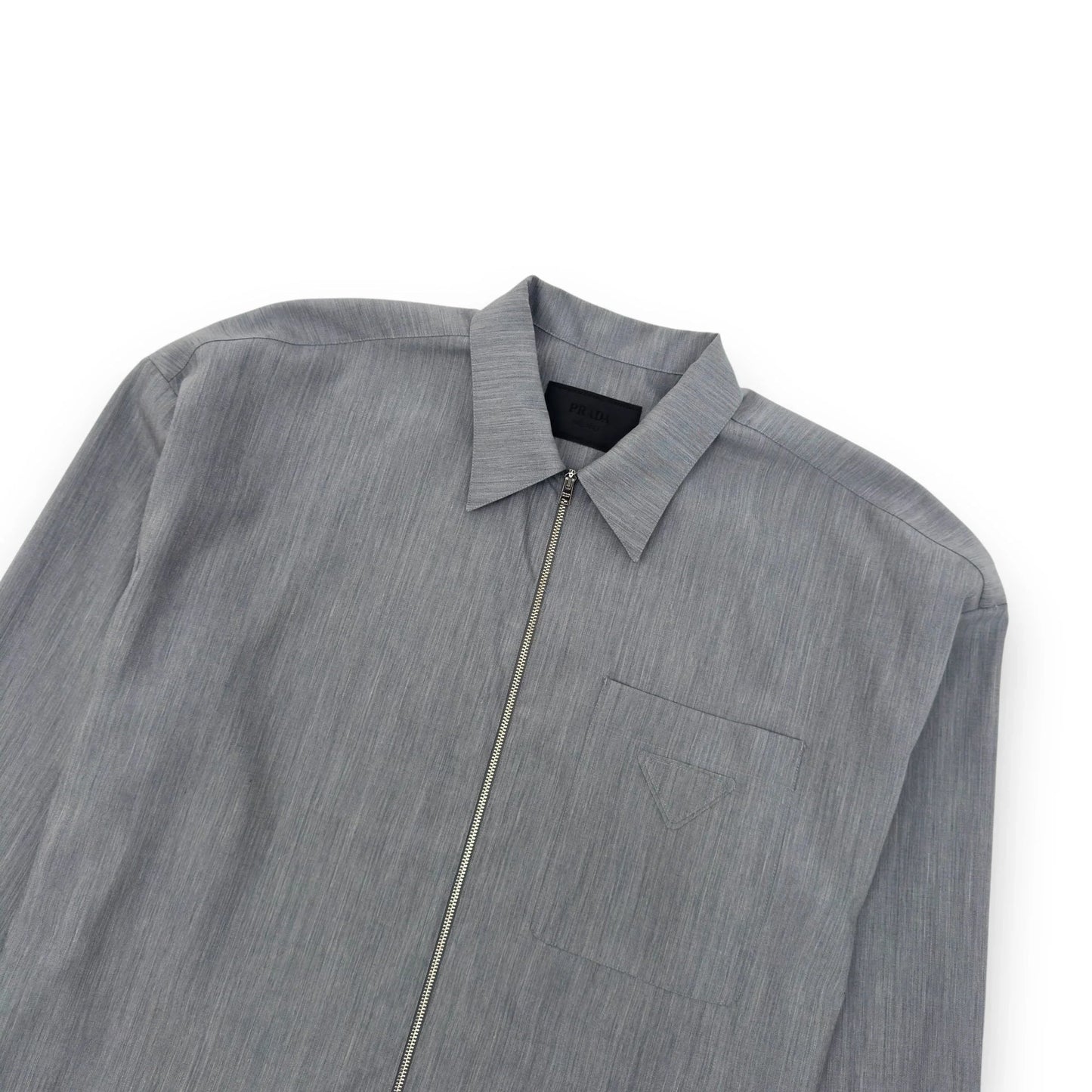 PRADA TRIANGLE-LOGO ZIP-UP SHIRT GREY XL
