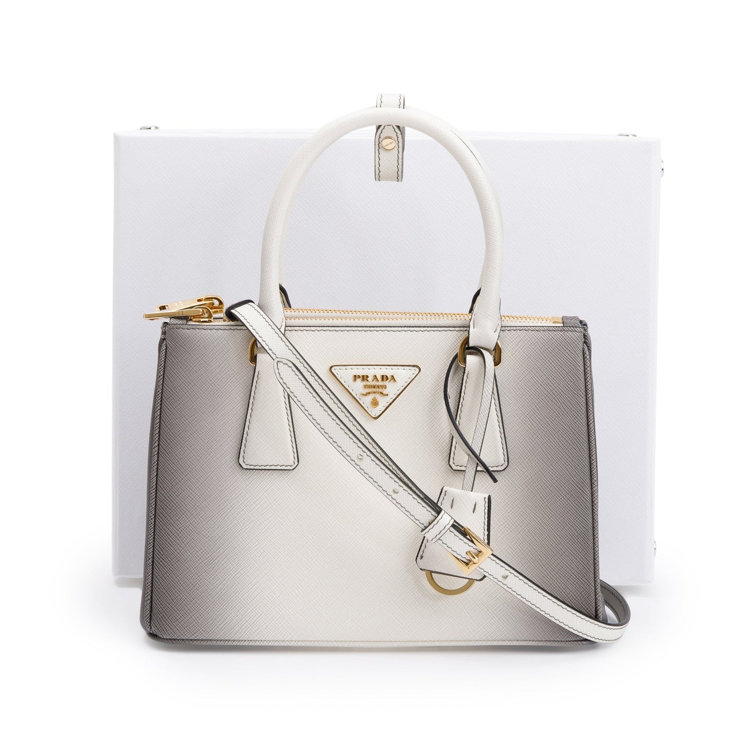 Prada 2023 White Ombre Saffiano Small Double Zip Galleria Tote