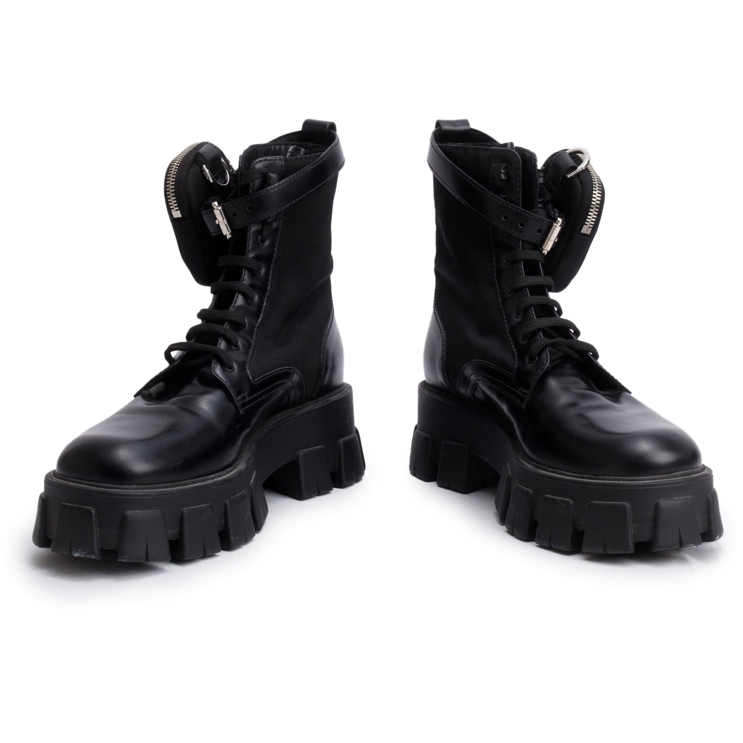 Prada Black Monolith Leather and Re-Nylon Boots with Pouch, Mens Size 40.5