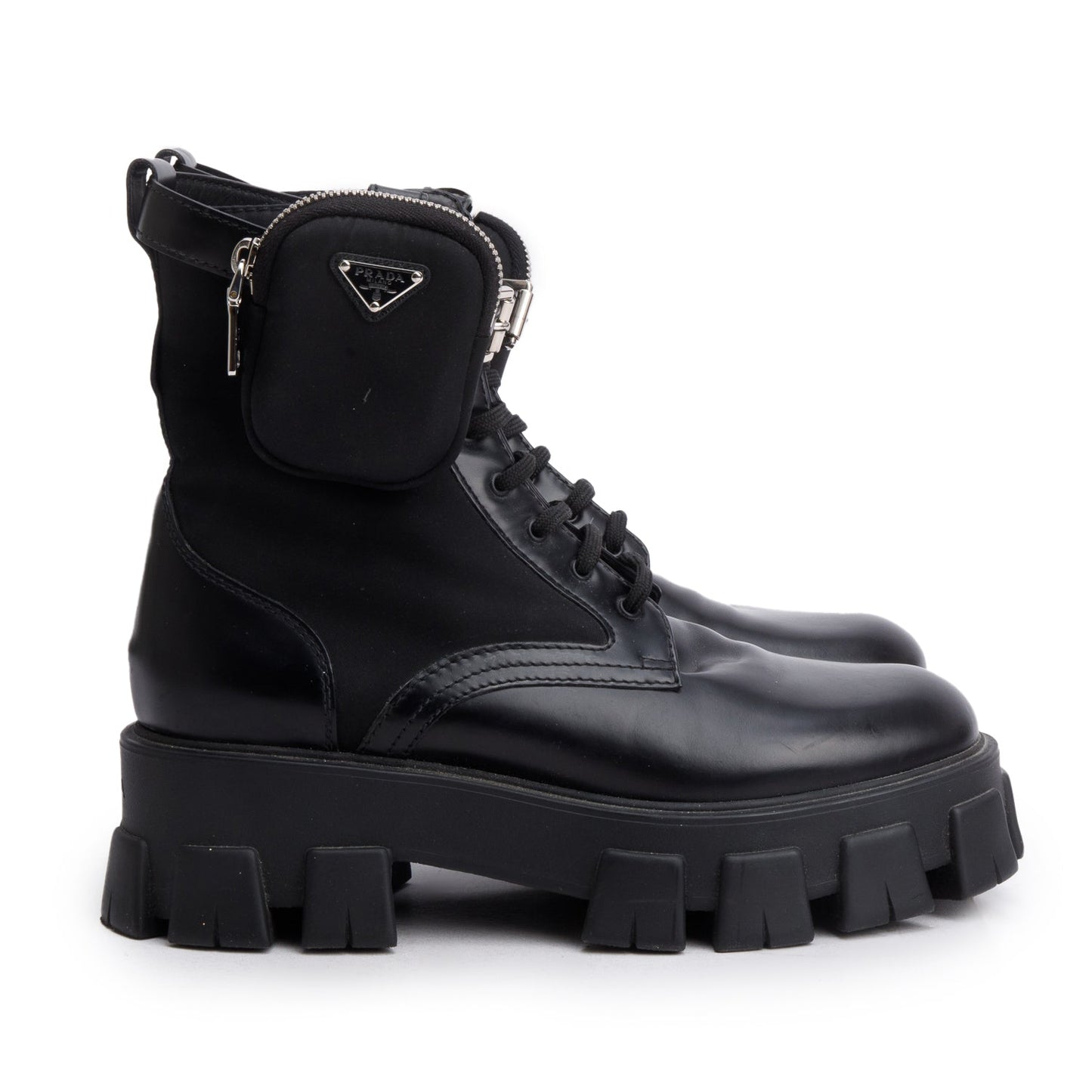 Prada Black Monolith Leather and Re-Nylon Boots with Pouch, Mens Size 40.5