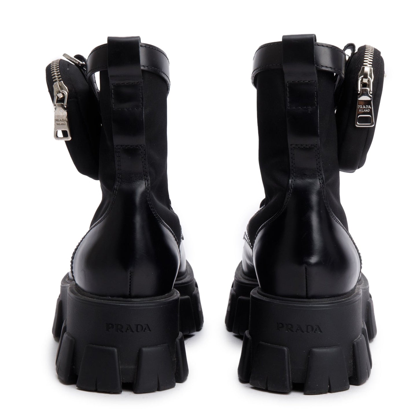 Prada Black Monolith Leather and Re-Nylon Boots with Pouch, Mens Size 40.5