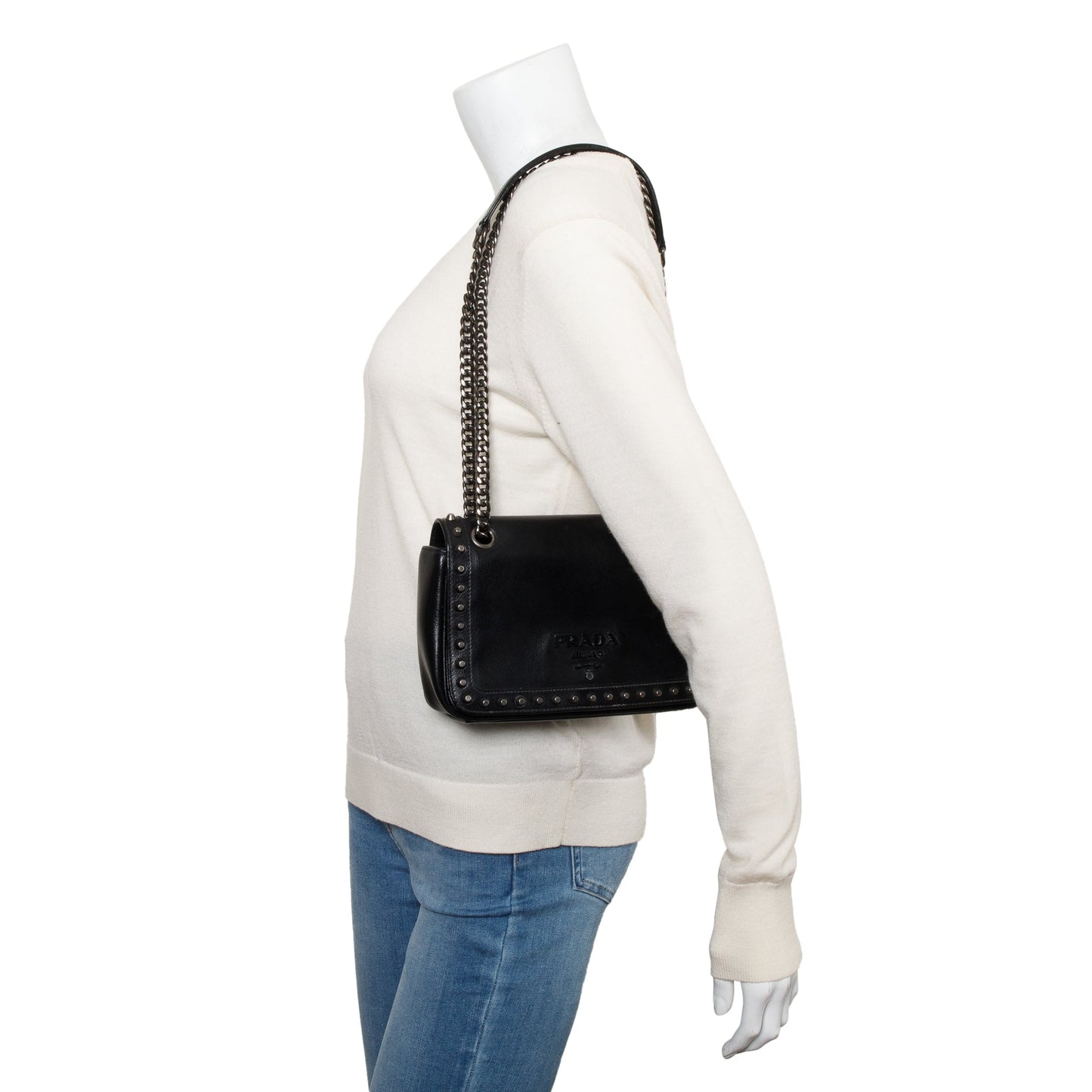 Prada Black Glace Calf Studded Crossbody Bag