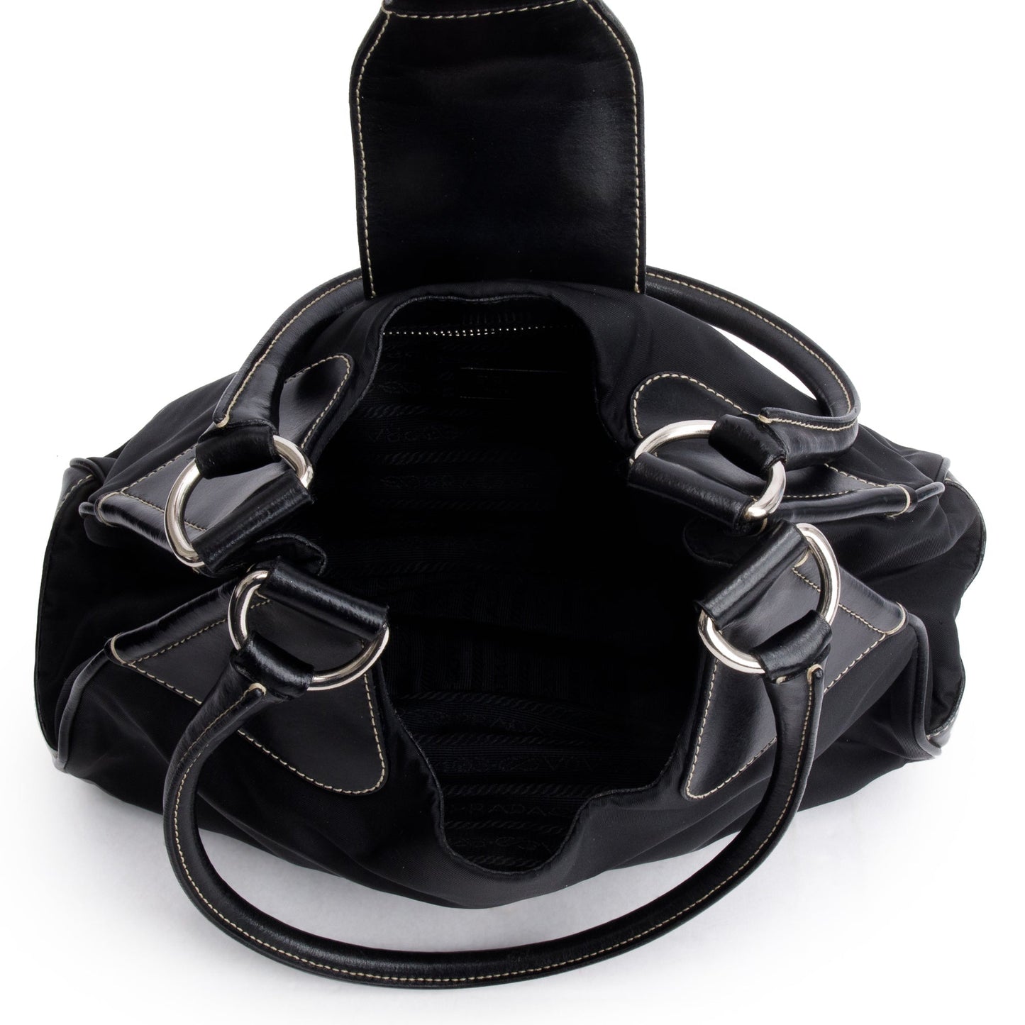 Prada Black Leather-Trimmed Tessuto Nylon Moon Bag