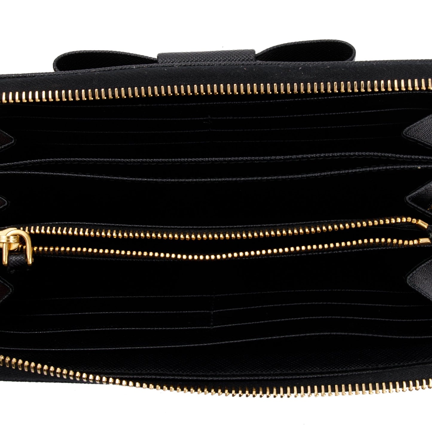 Prada Black Saffiano Leather Bow Zip Around Wallet