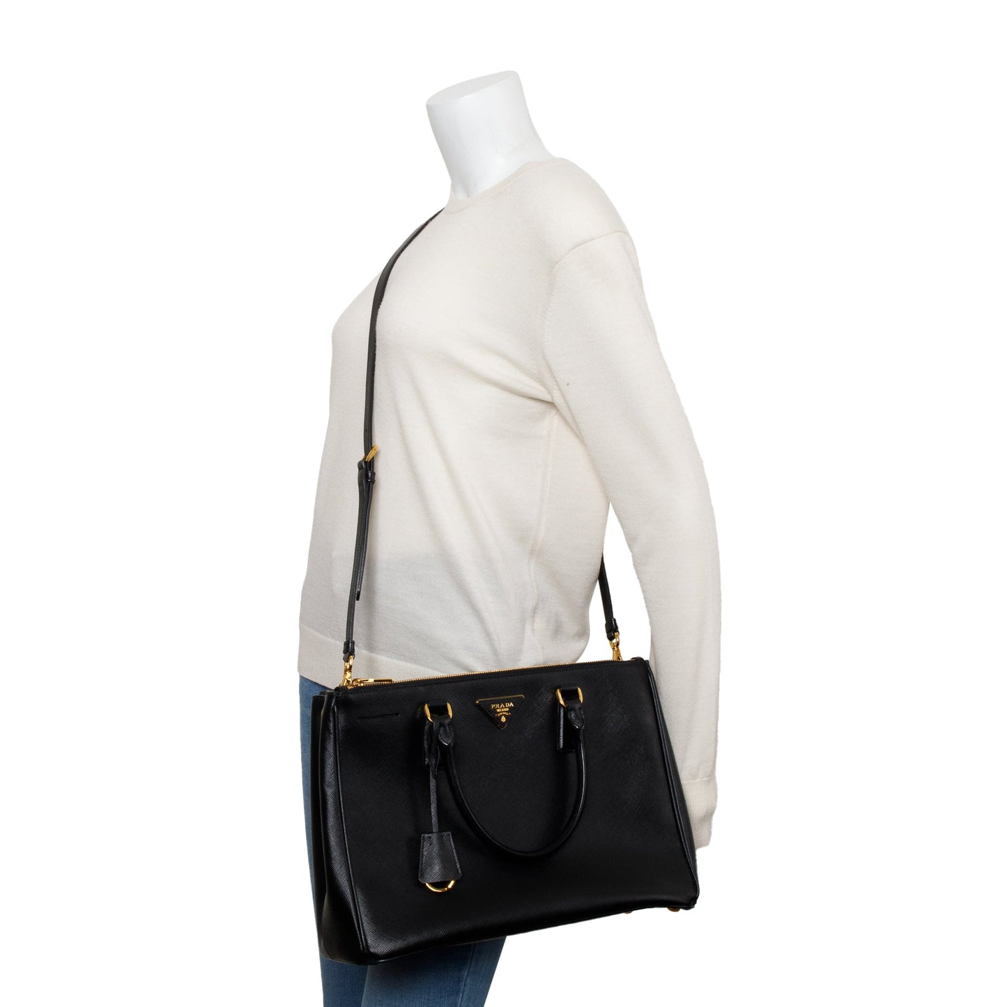 Prada Black Saffiano Lux Medium Double Zip Galleria Tote