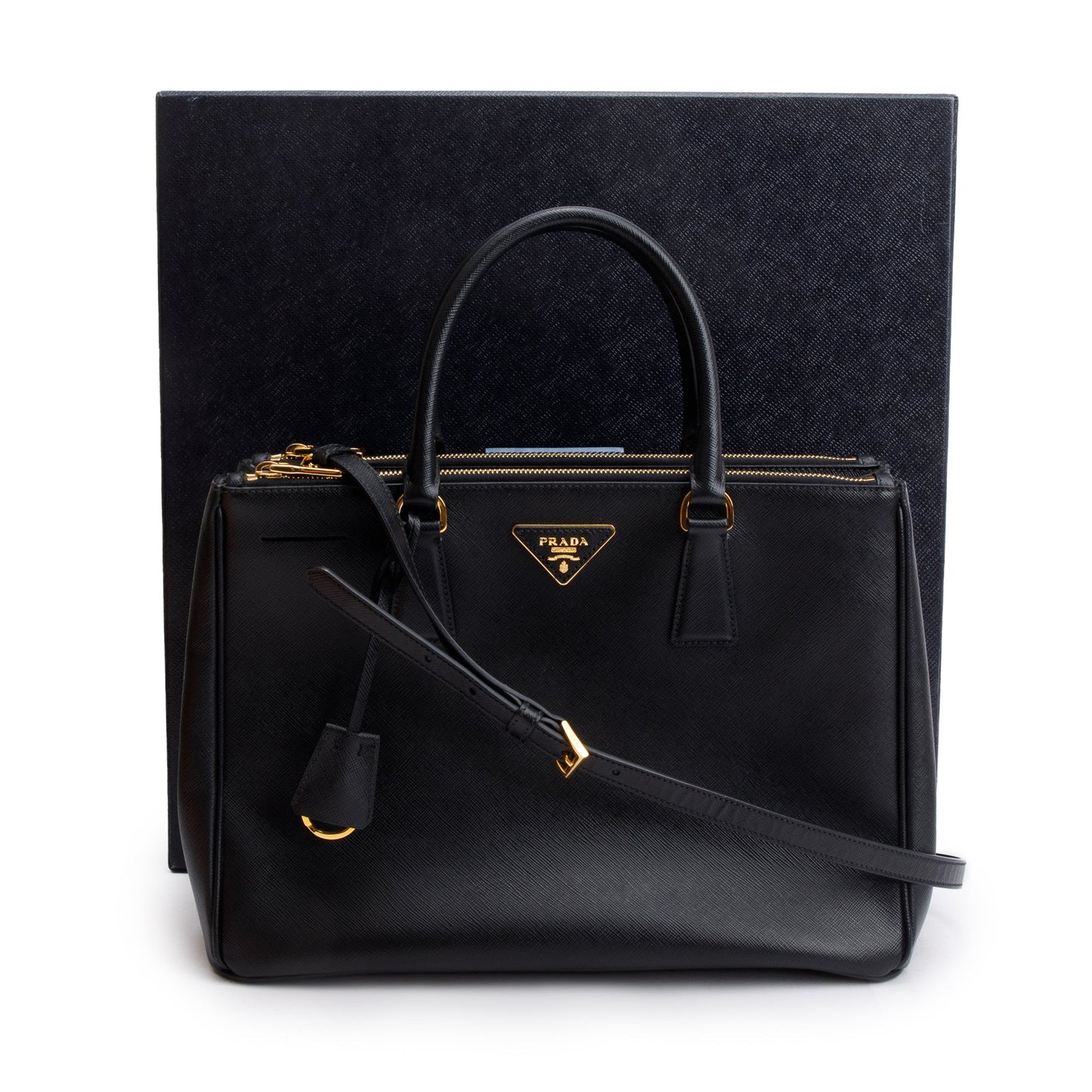 Prada Black Saffiano Lux Medium Double Zip Galleria Tote