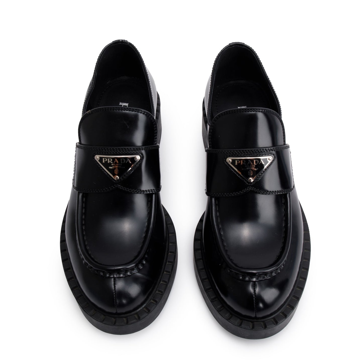 Prada Black Spazzolato Leather Signature Logo Loafers, Size 38