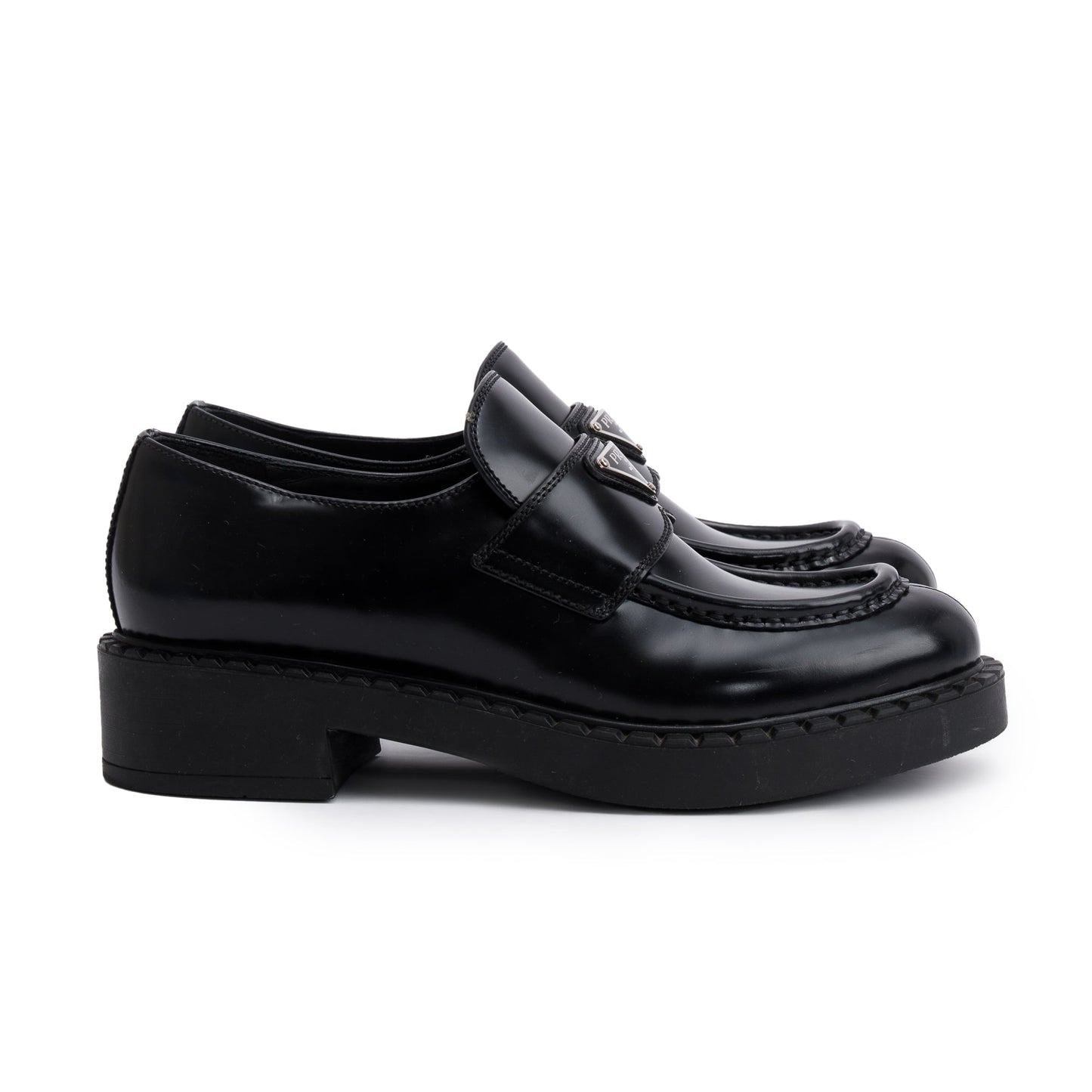 Prada Black Spazzolato Leather Signature Logo Loafers, Size 38