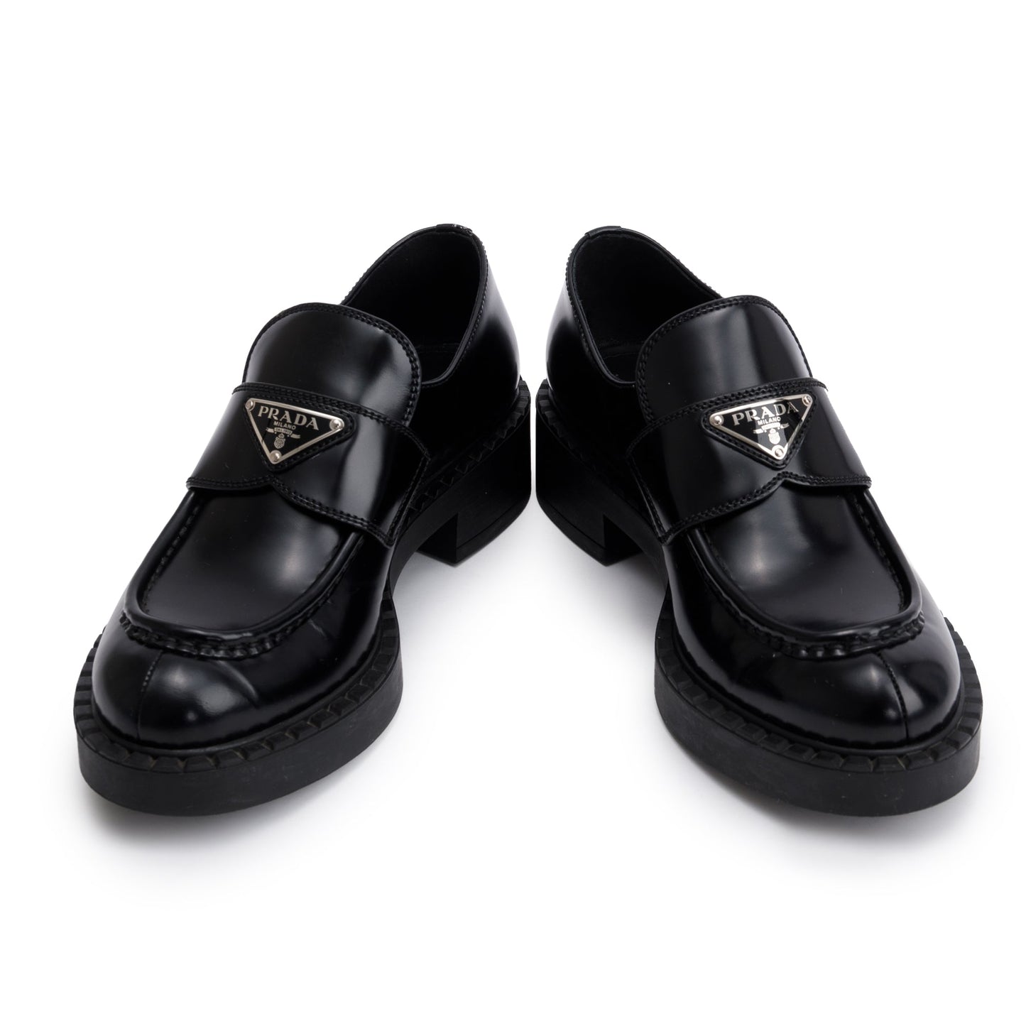 Prada Black Spazzolato Leather Signature Logo Loafers, Size 38