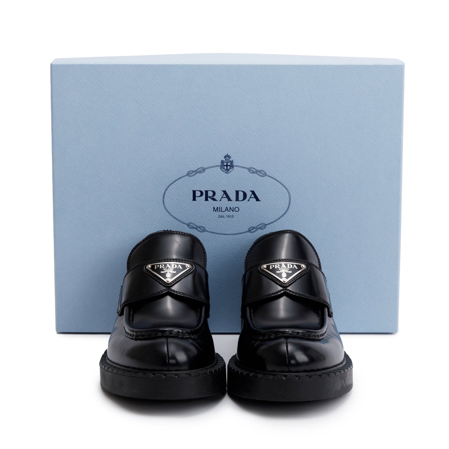 Prada Black Spazzolato Leather Signature Logo Loafers, Size 38