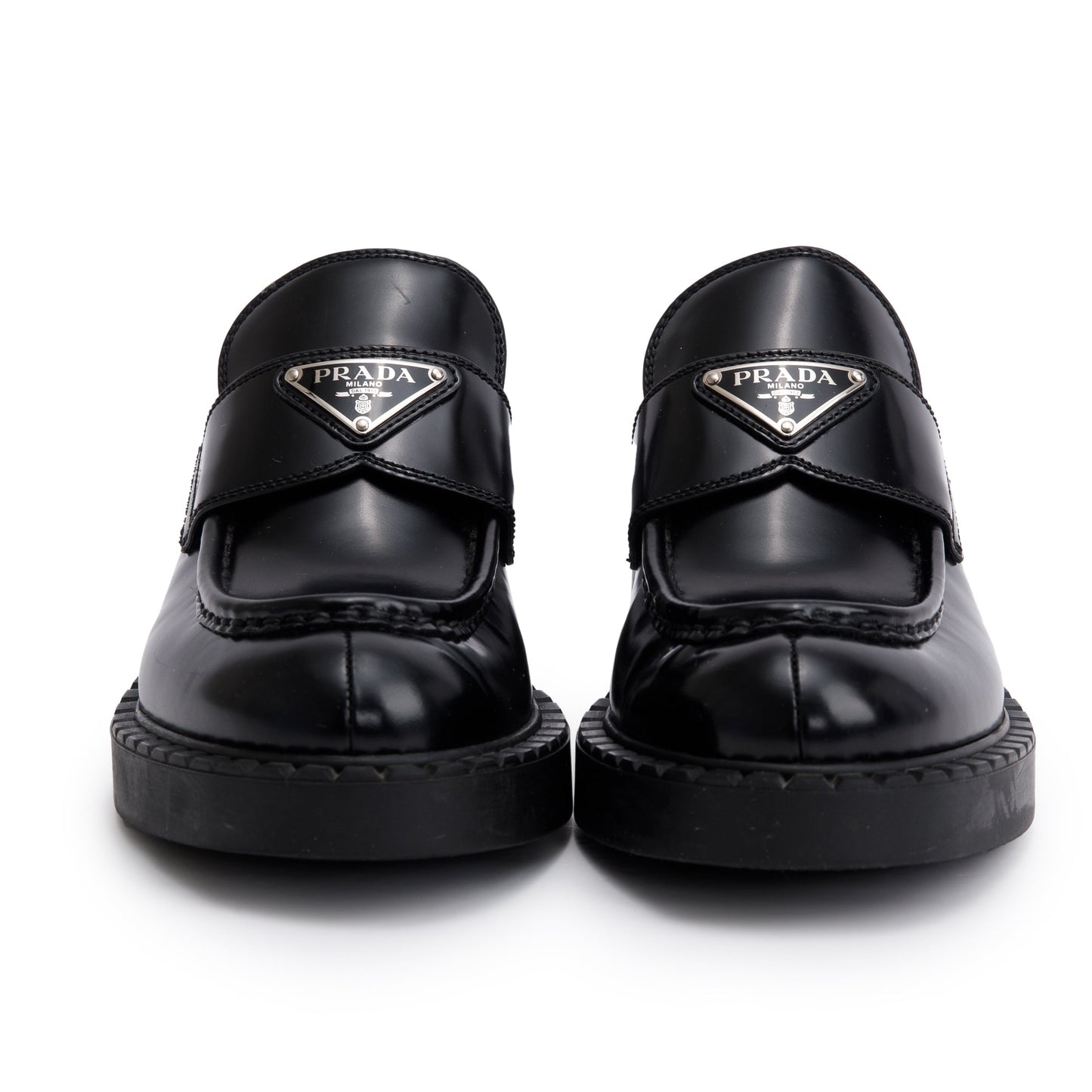 Prada Black Spazzolato Leather Signature Logo Loafers, Size 38