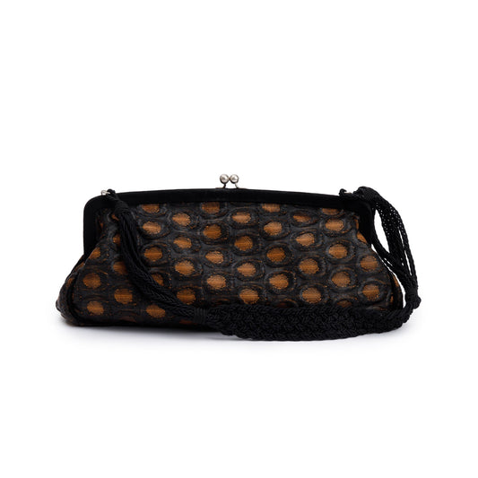 Prada Brown/ Beige Embroidered Satin Black Velvet Raso Frame Bag