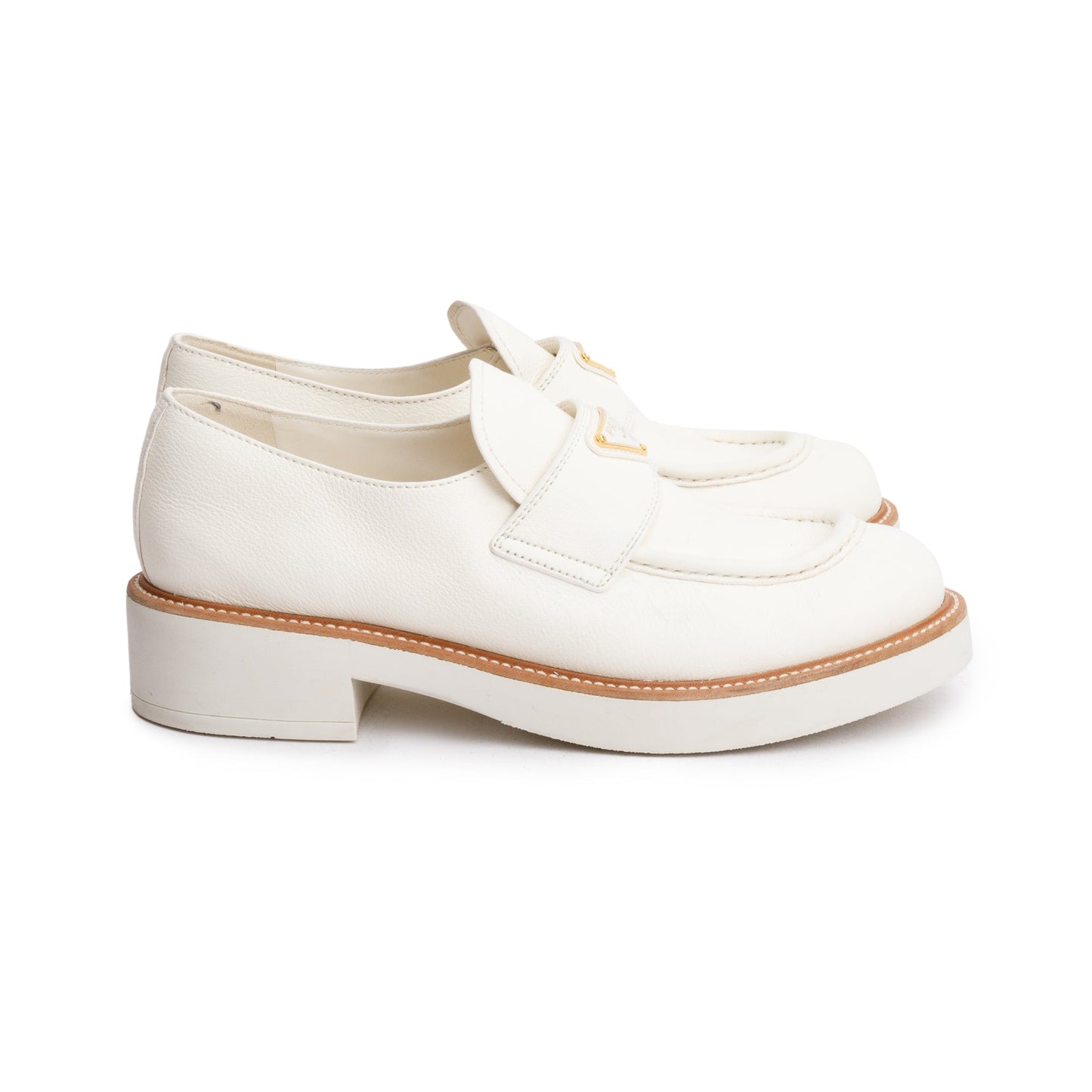 Prada Neutral Pumise Stone Leather Signature Logo Loafers, Size 41