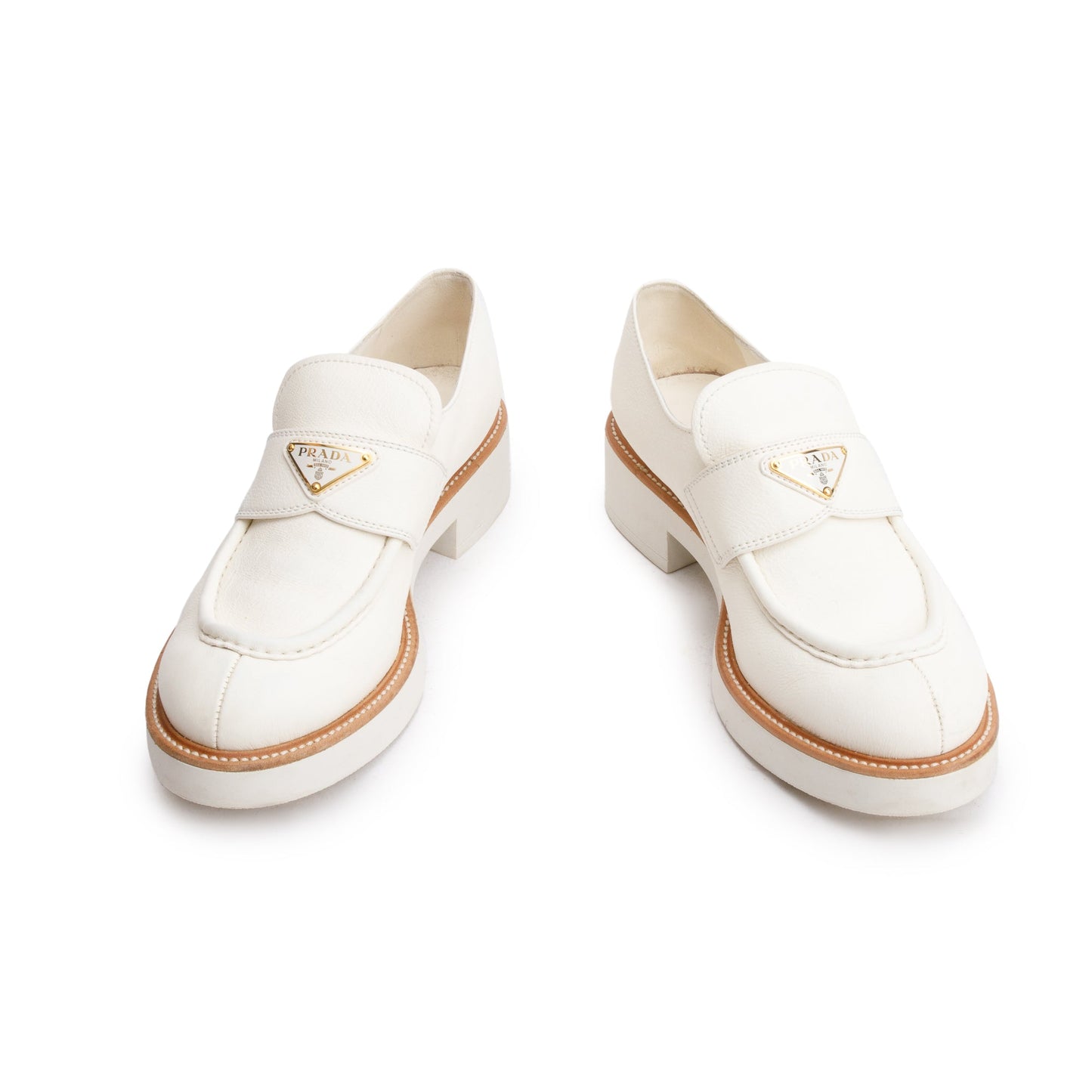Prada Neutral Pumise Stone Leather Signature Logo Loafers, Size 41