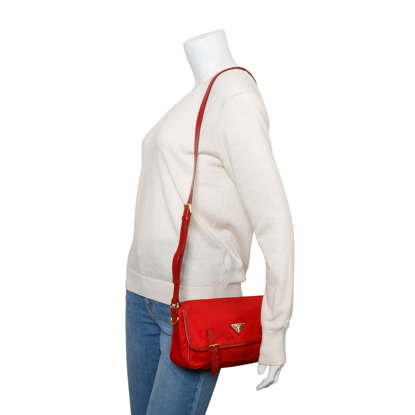 Prada Red Saffiano-Trimmed Tessuto Nylon Double Buckle Crossbody Bag