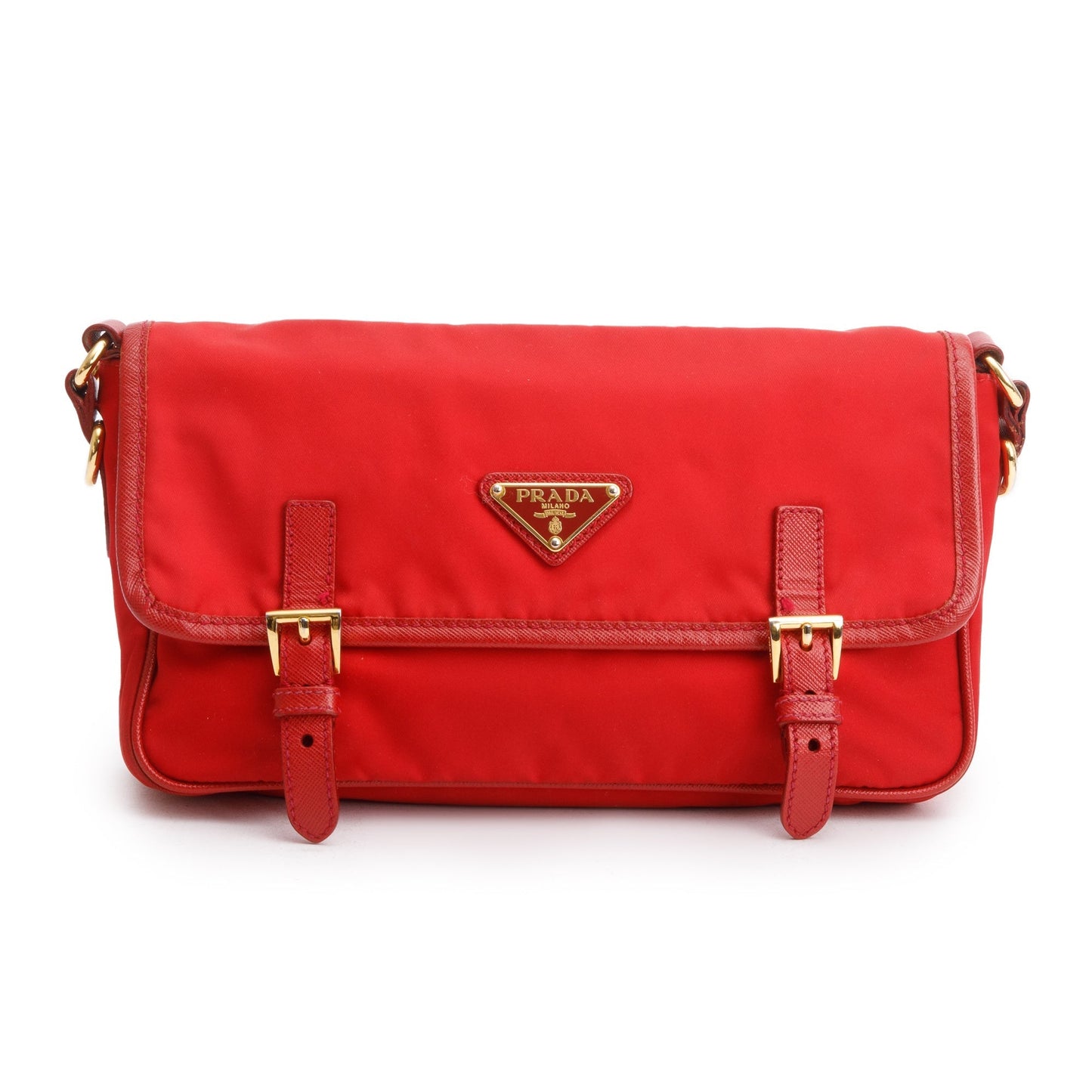 Prada Red Saffiano-Trimmed Tessuto Nylon Double Buckle Crossbody Bag