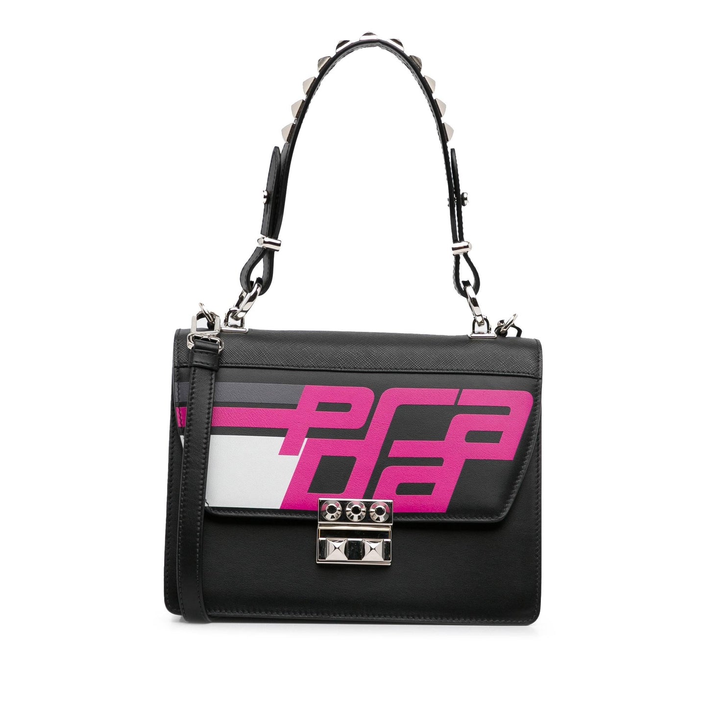 Prada Saffiano Trimmed City Calf Racing Logo Elektra Satchel (SHG-xahHaD)
