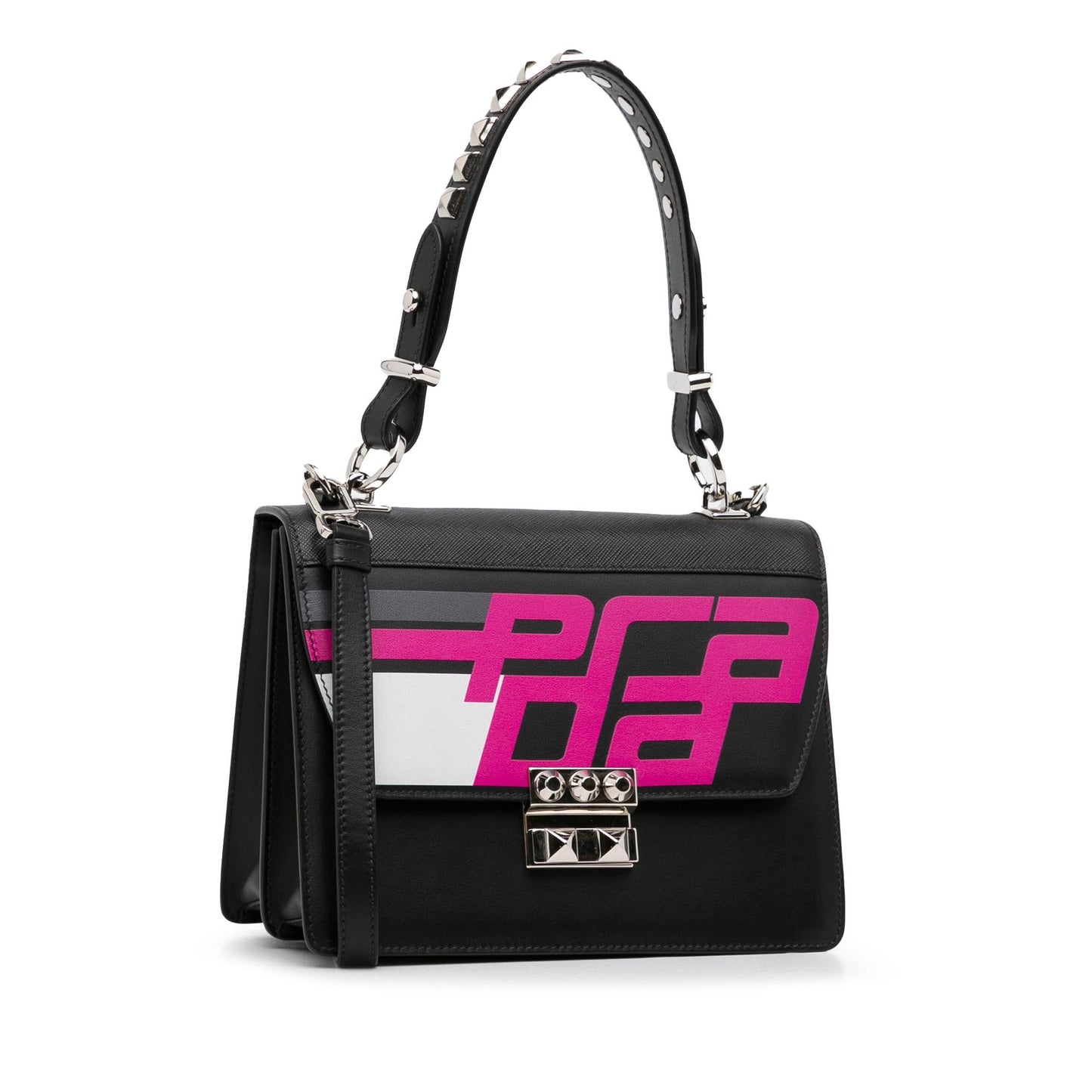 Prada Saffiano Trimmed City Calf Racing Logo Elektra Satchel (SHG-xahHaD)