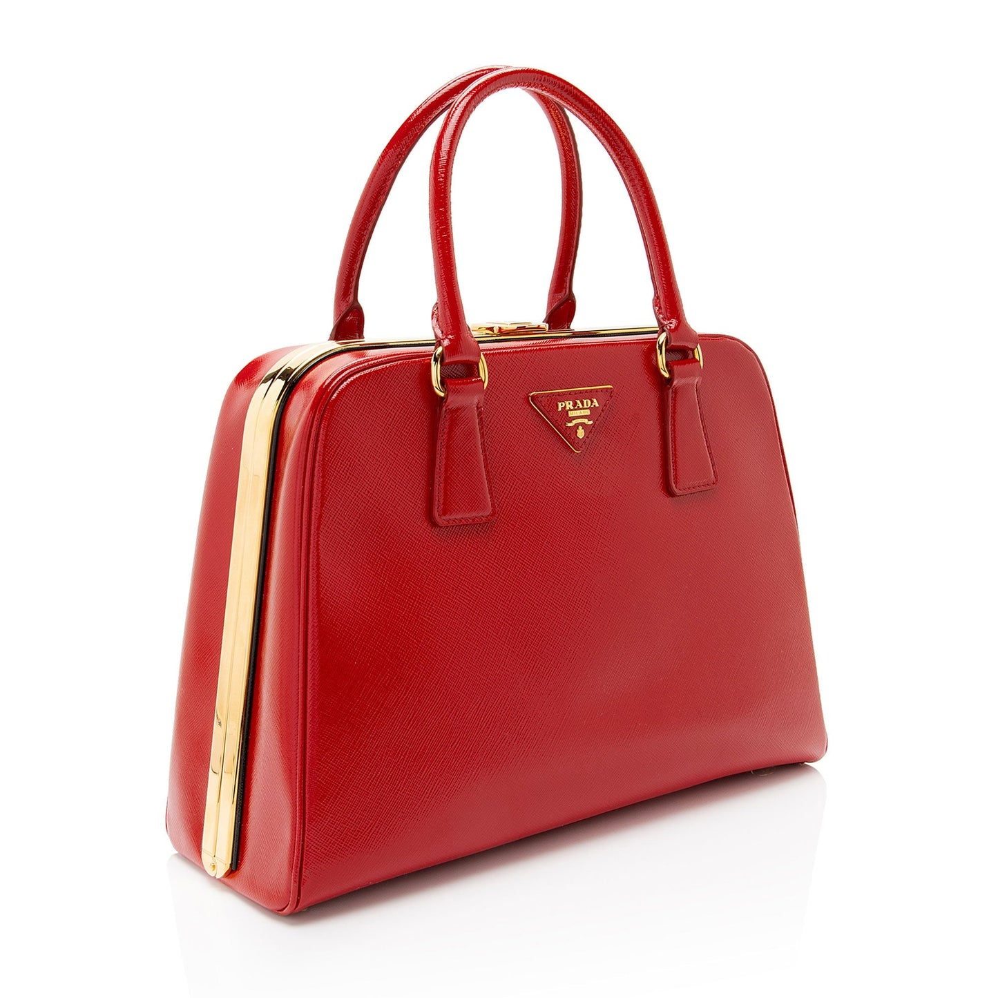 Prada Saffiano Vernice Framed Pyramid Satchel (SHF-sxVFBm)