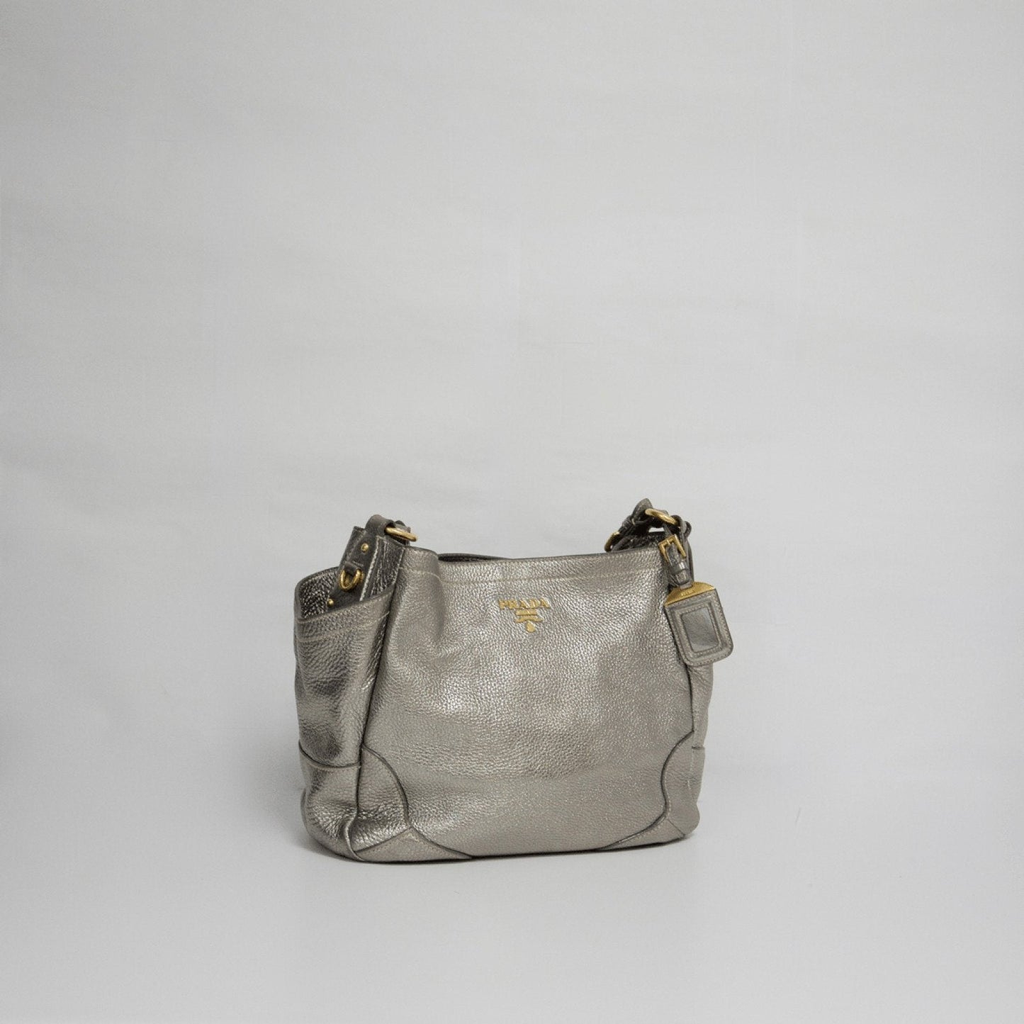 Prada Silver Metallic Peltro Vitello Daino Pocket Tote Bag