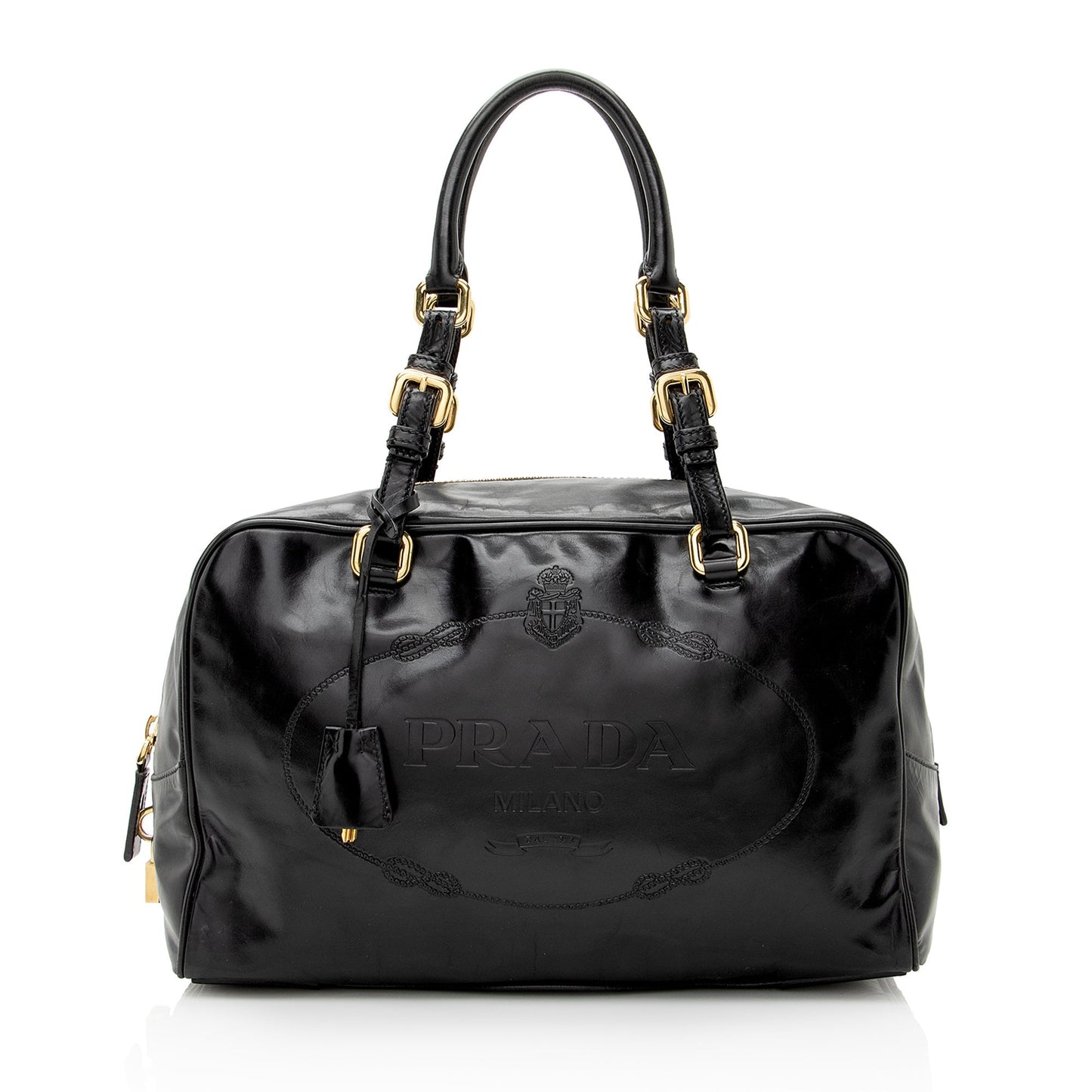 Prada Vitello Daino Spazzolato Logo Medium Bauletto Satchel (SHF-22727)