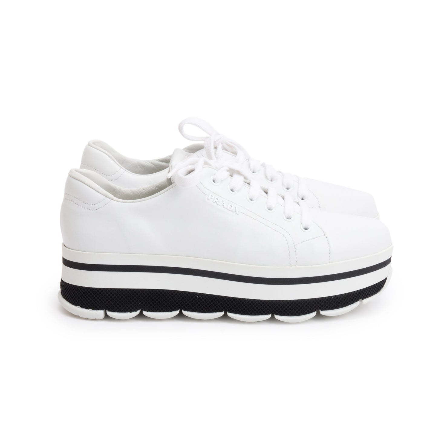 Prada White Calfskin Leather Linea Rossa Platform Sneakers, Size 39.5